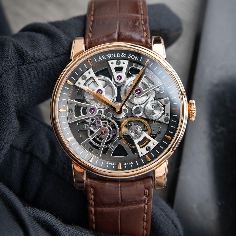 Arnold & Son Nebula Rose Gold Openworked Skeleton Leather Gray Dial 41.5mm