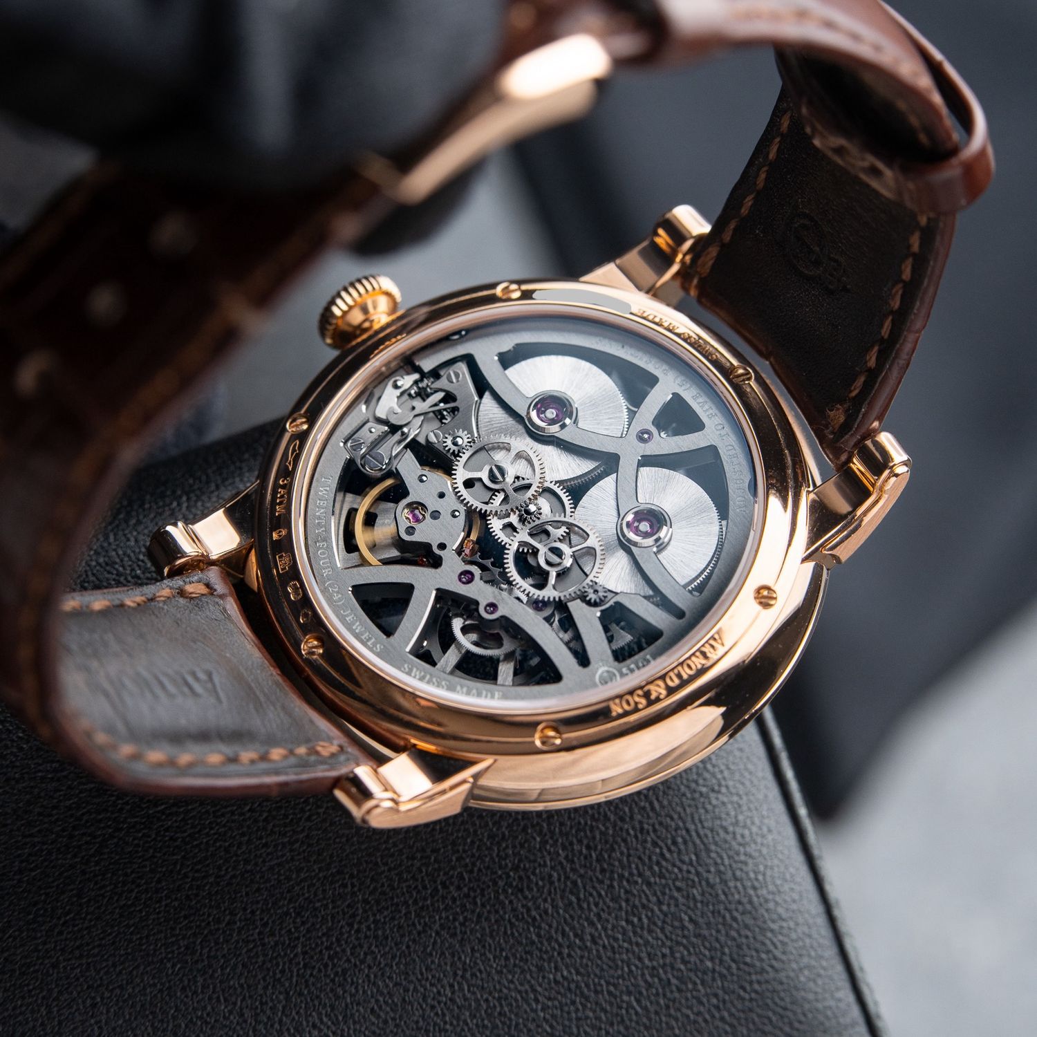 Arnold & Son Nebula Rose Gold Openworked Skeleton Leather Gray