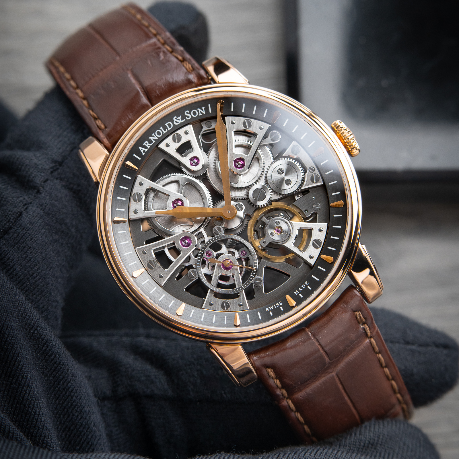 Arnold & Son Nebula Rose Gold Openworked Skeleton Leather Gray Dial 41.5mm