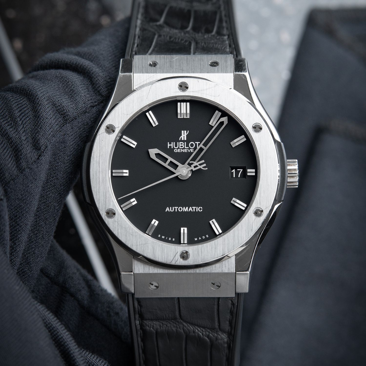 Hublot Classic Fusion Date Titanium Black Dial Leather Automatic 45