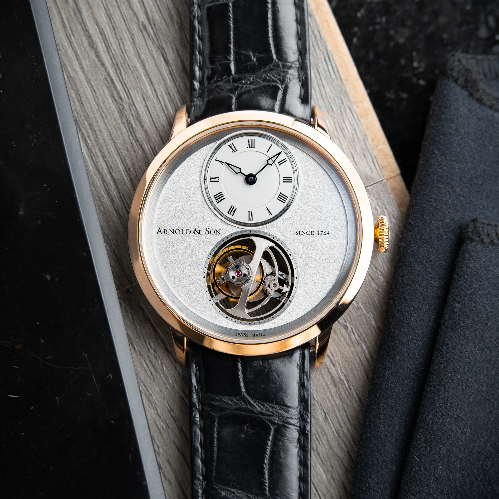 Arnold & Son UTTE Ultra Thin Tourbillon Rose Gold Silver White Black Leather 42mm