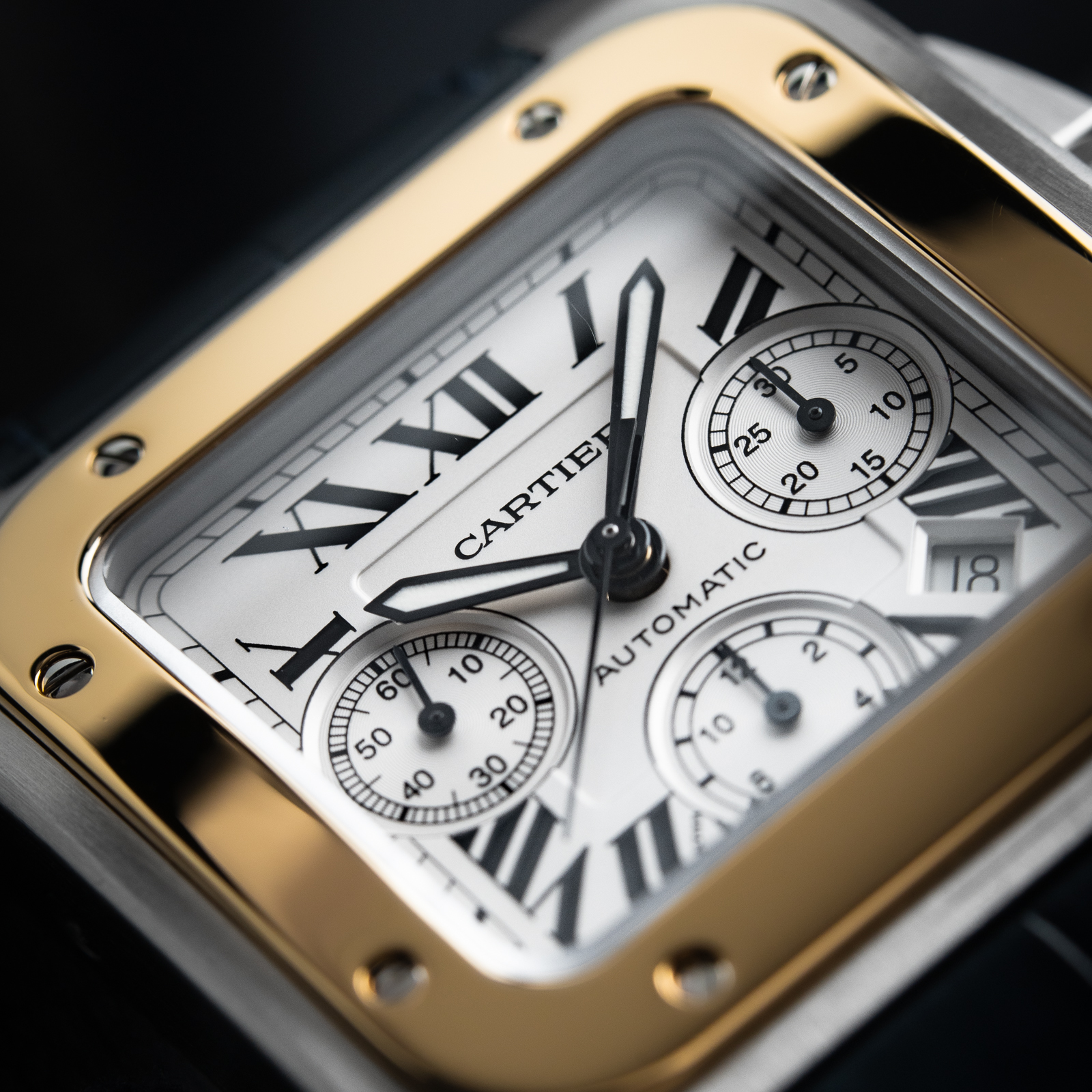 Cartier Santos 100 XL Chronograph Two Tone Gold Steel White Dial Automatic 2740