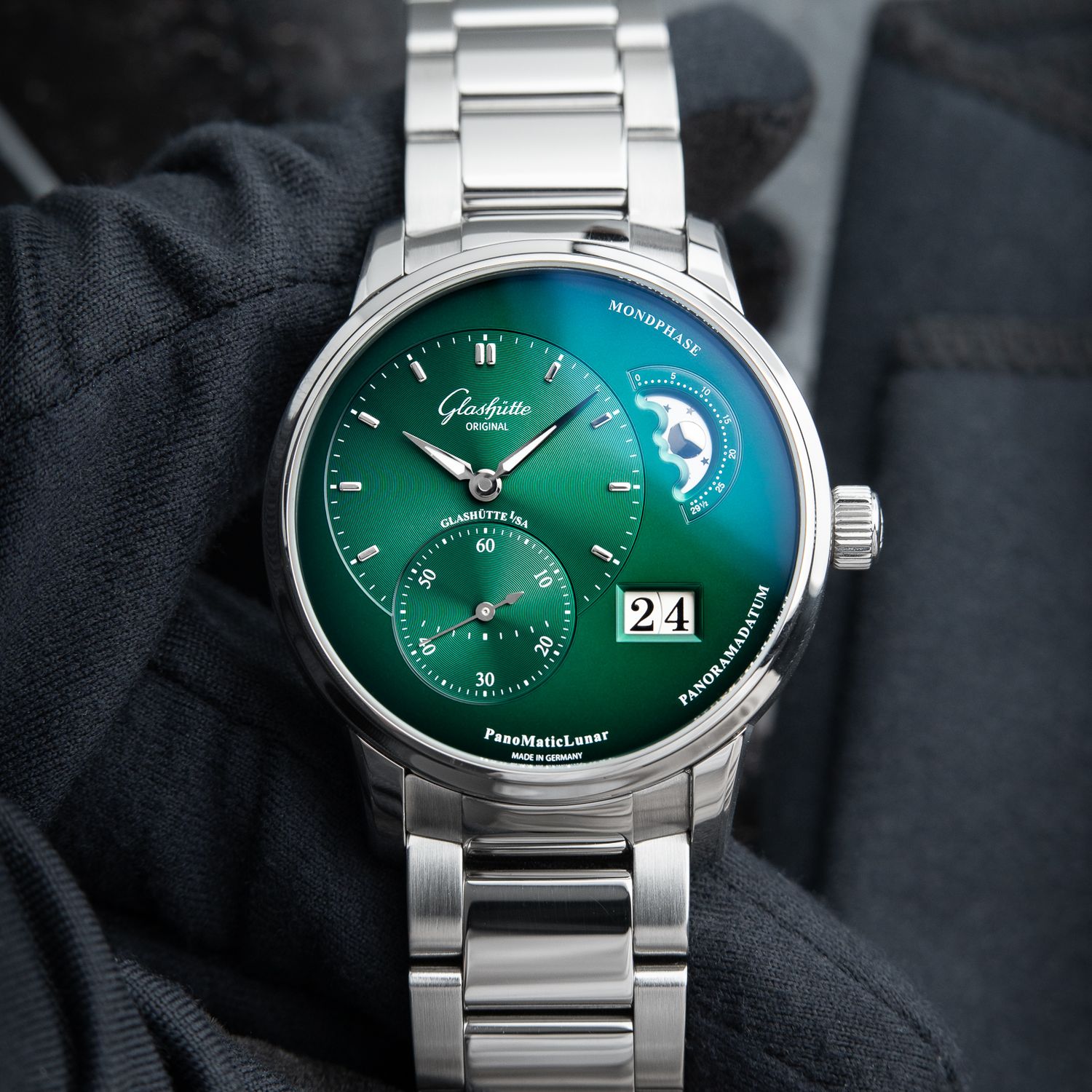 Glashutte Original PanoMaticLunar 2023 Moon Phase Green Steel Bracelet 40mm