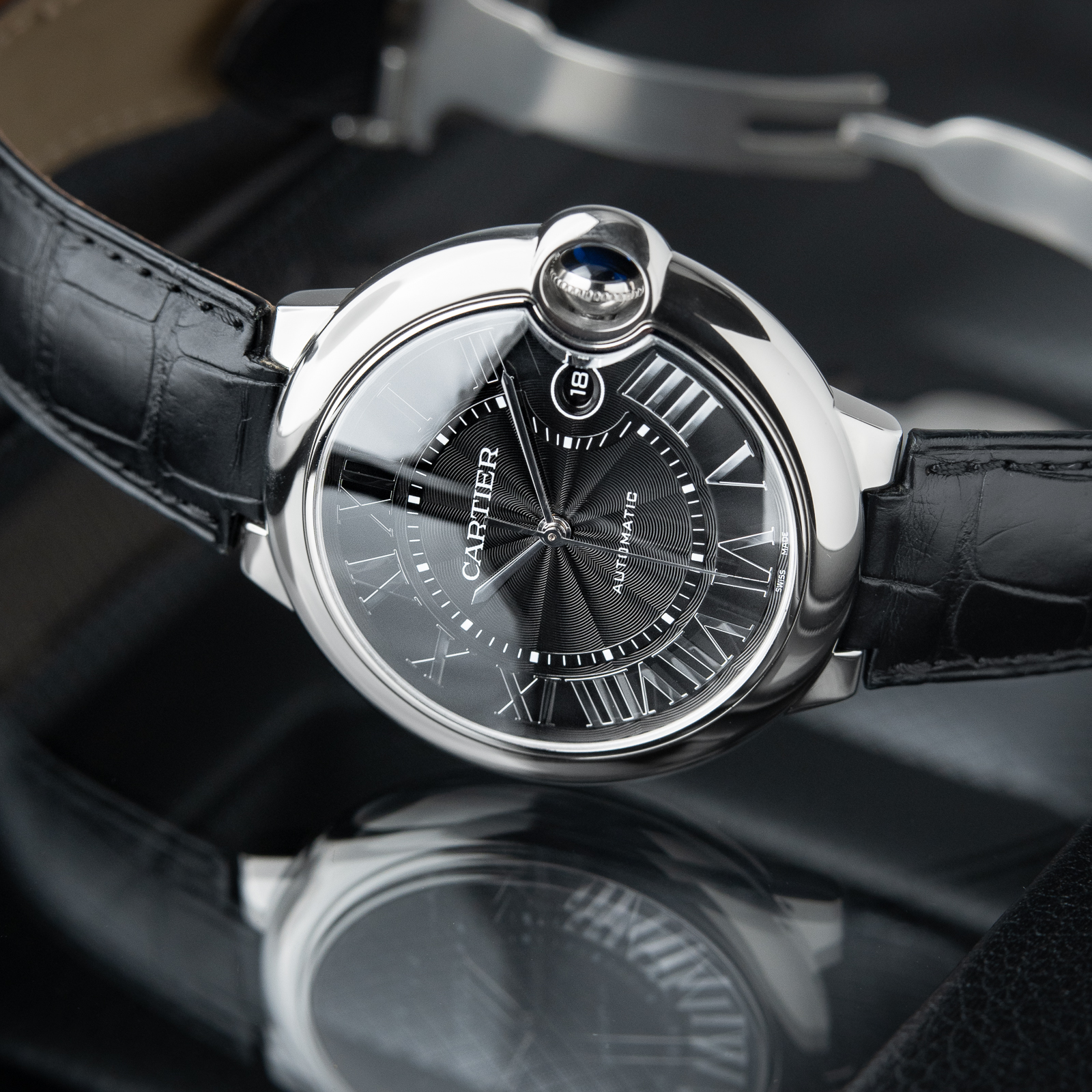 Cartier Ballon Bleu De Cartier 42 Date Steel Black Dial Leather Automatic