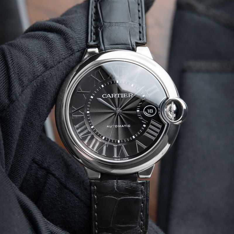 Cartier Ballon Bleu De Cartier 42 Date Steel Black Dial Leather Automatic