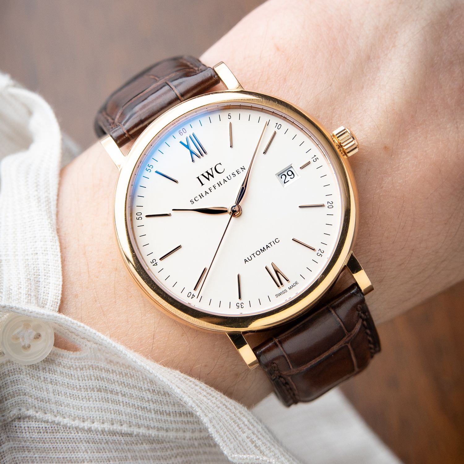 IWC Portofino Rose Gold Silver Dial Leather Date Automatic Set 40mm