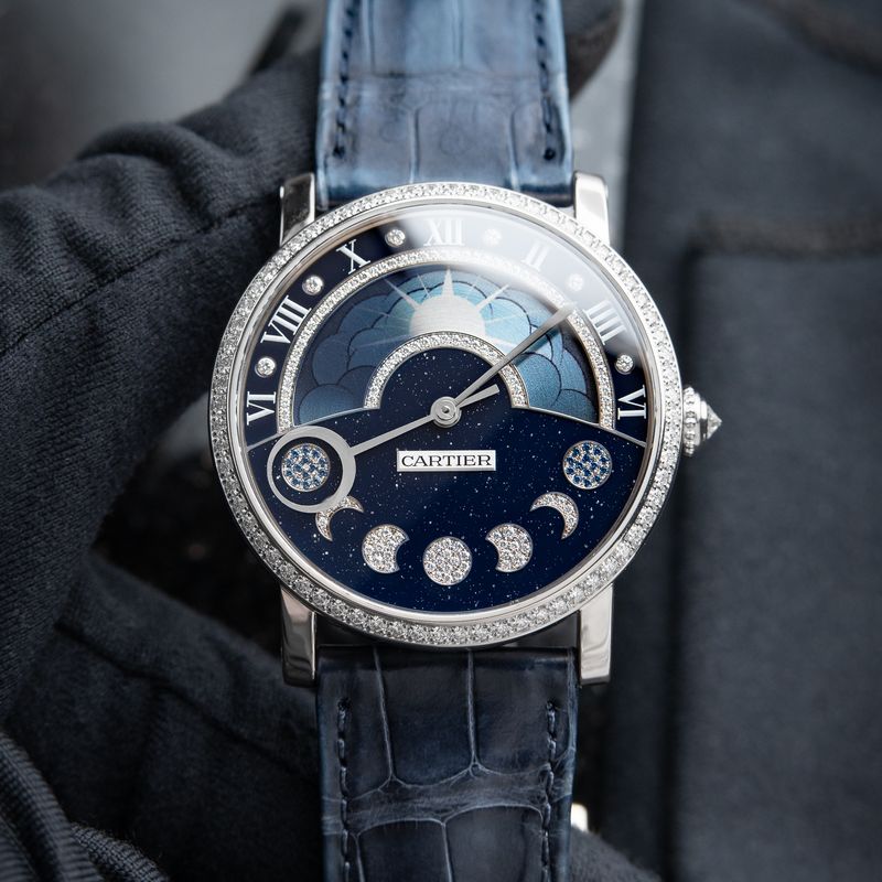 Cartier Rotonde De Cartier White Gold Diamond Accents Day/Night Moonphase Blue Leather