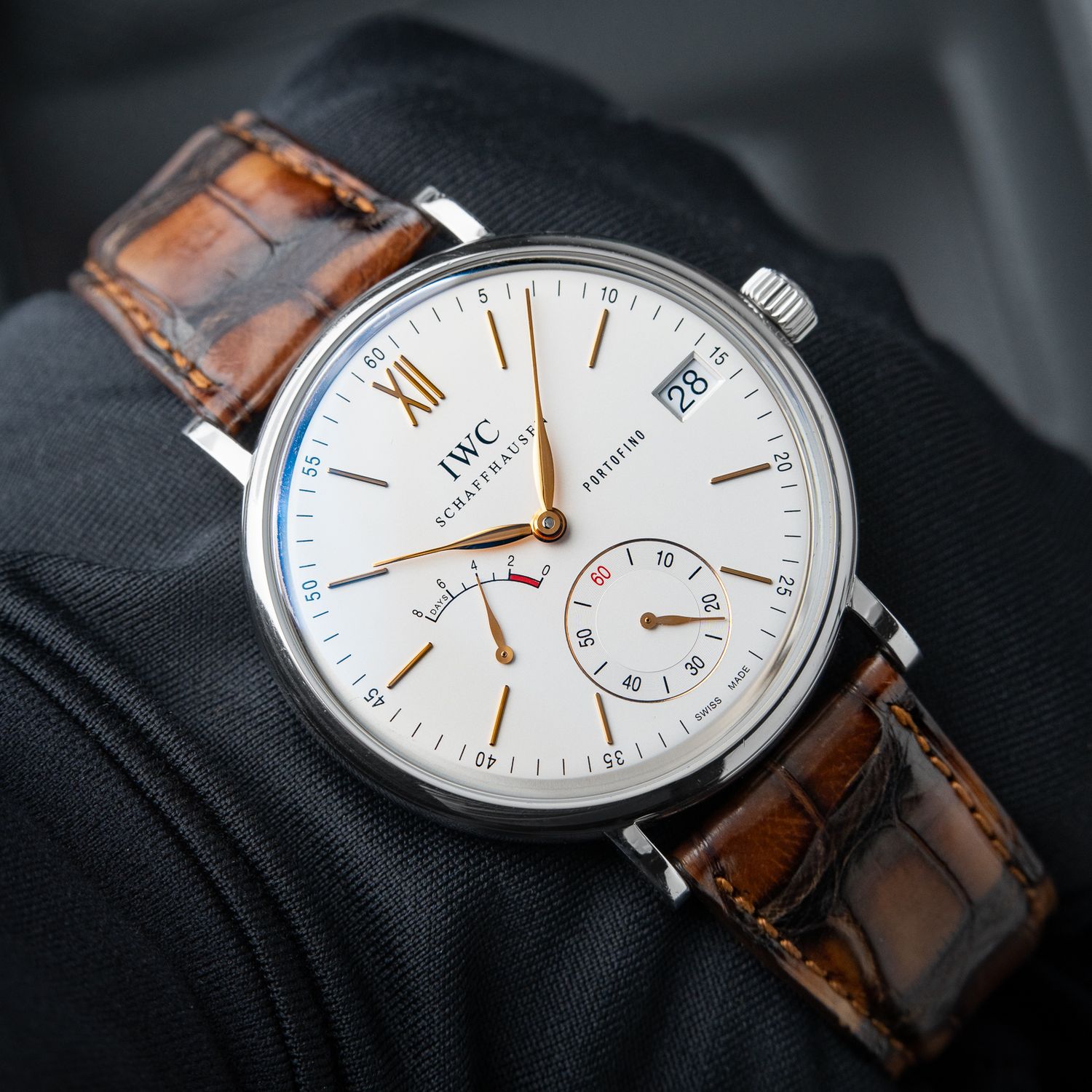 IWC Portofino Hand-Wound 8 Days White Silver Dial Steel Leather Date Manual 45mm