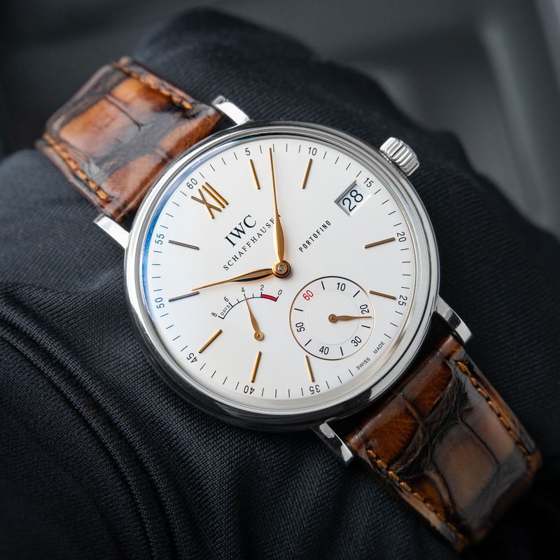 IWC Portofino Hand-Wound 8 Days White Silver Dial Steel Leather Date Manual 45mm