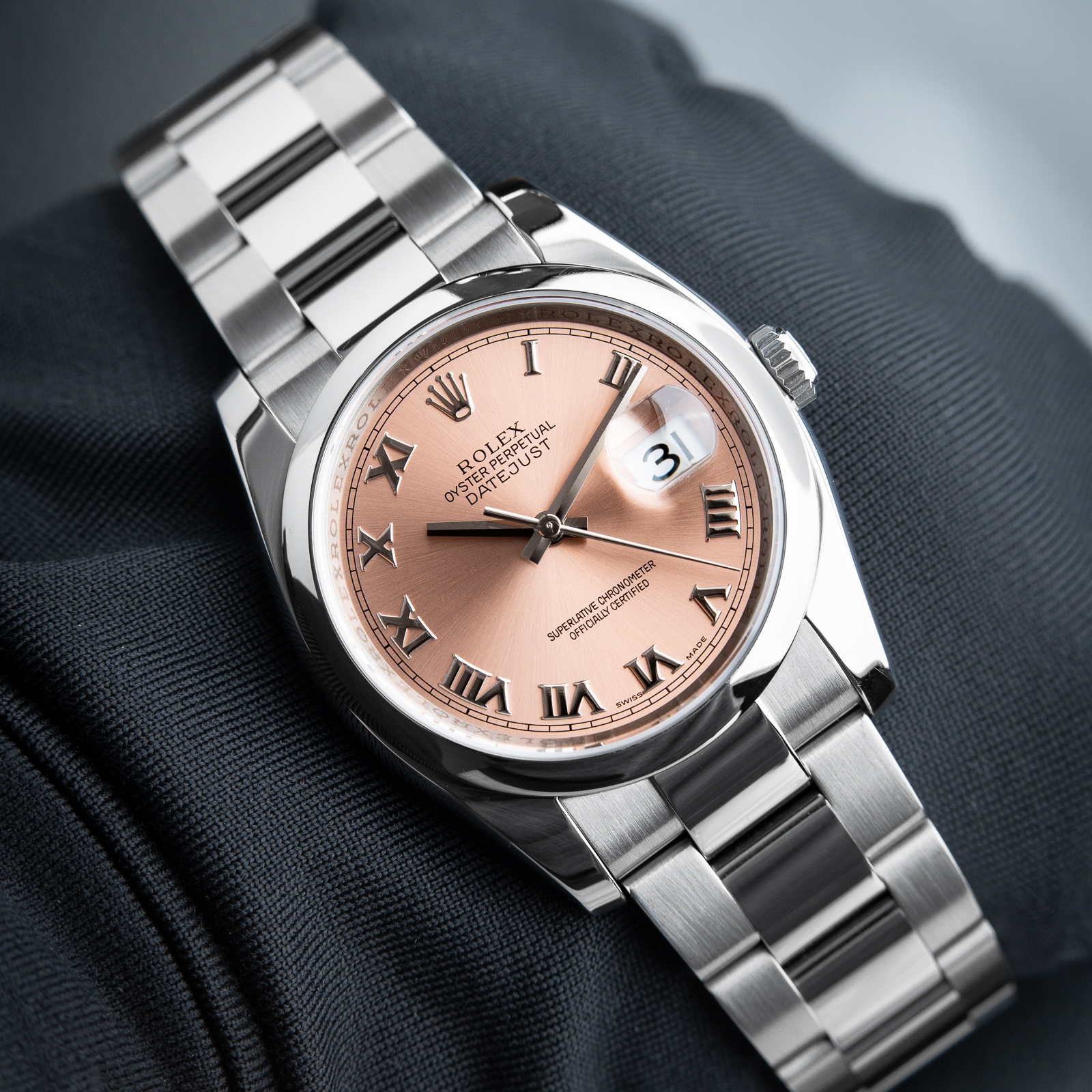 Rolex Datejust 36 Pink Salmon Roman Dial Oyster Bracelet Smooth Bezel