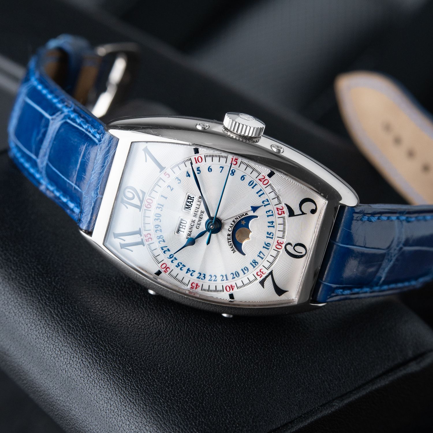 Franck Muller Master Calendar Moonphase White Gold Silver Blue Leather