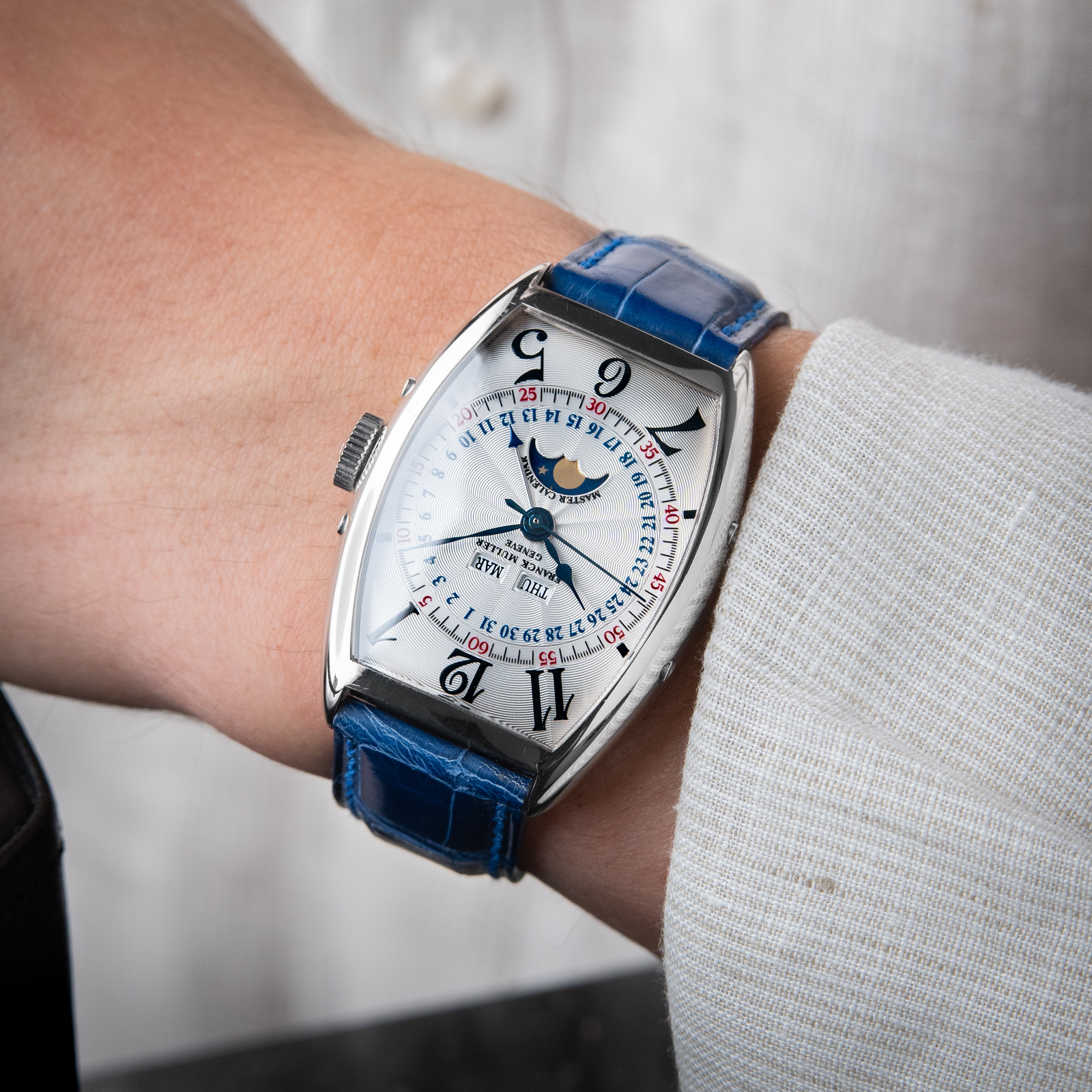 Franck Muller Master Calendar Moonphase White Gold Silver Blue Leather