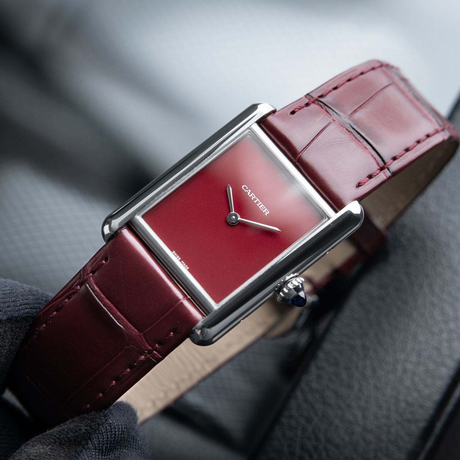 Cartier Tank Must Large Model Burgundy Red Dial Steel Leather