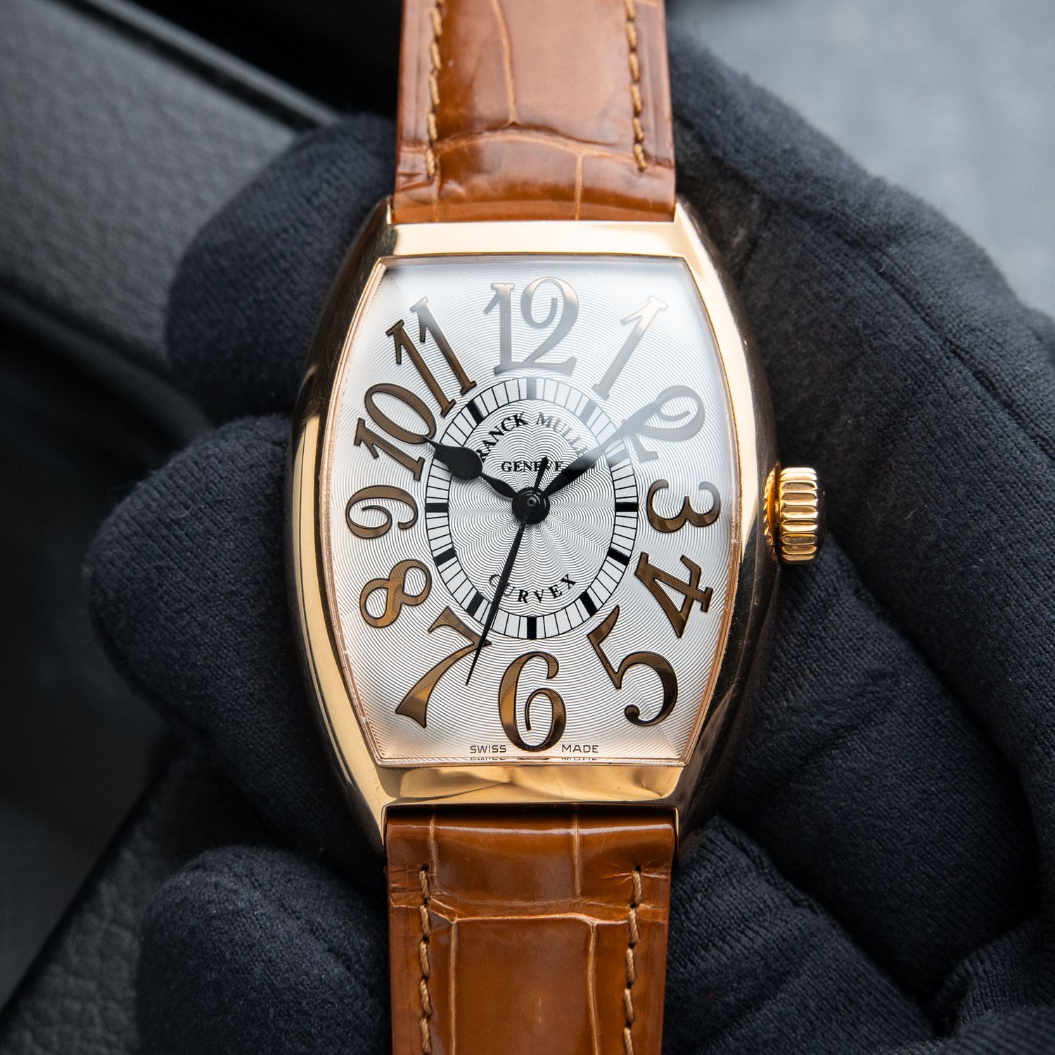 Franck Muller Cintrée Curvex Relief Rose Gold Silver Leather Set