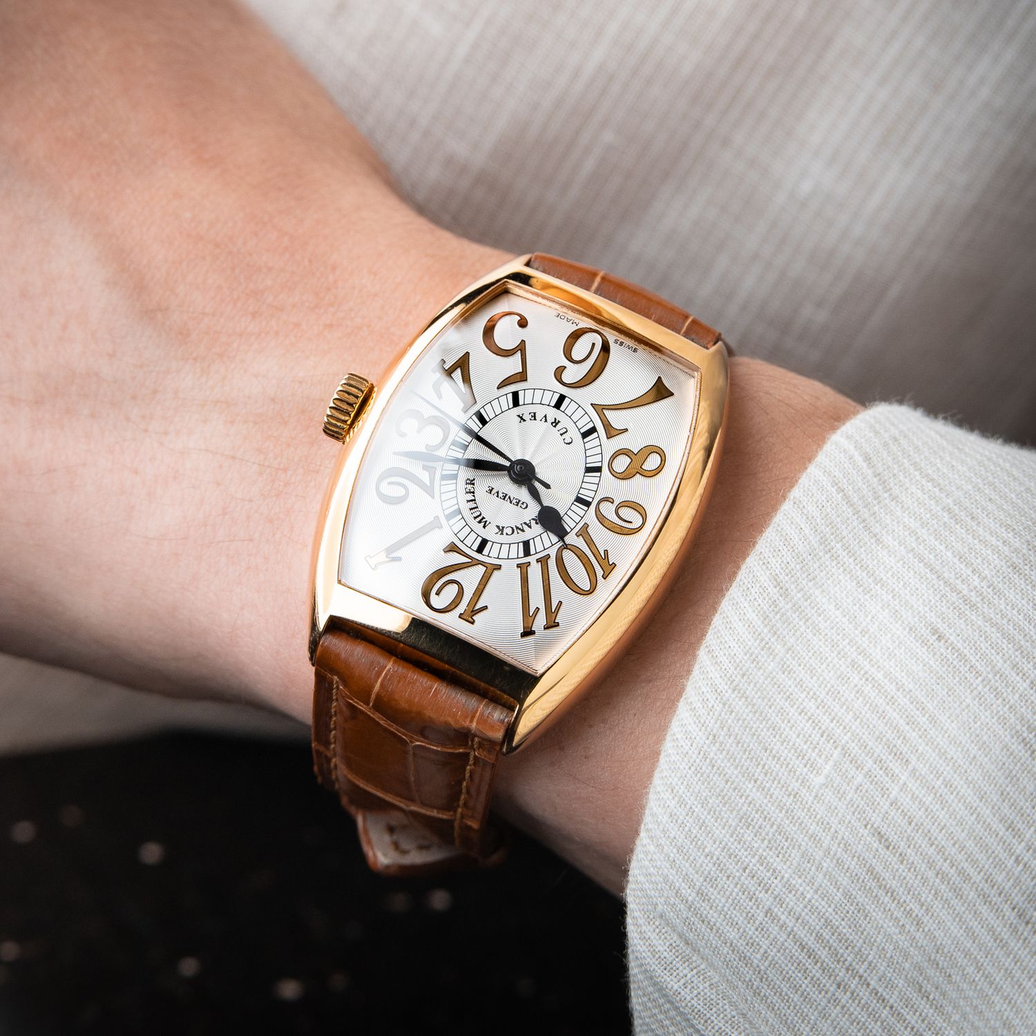 Franck Muller Cintrée Curvex Relief Rose Gold Silver Leather Set