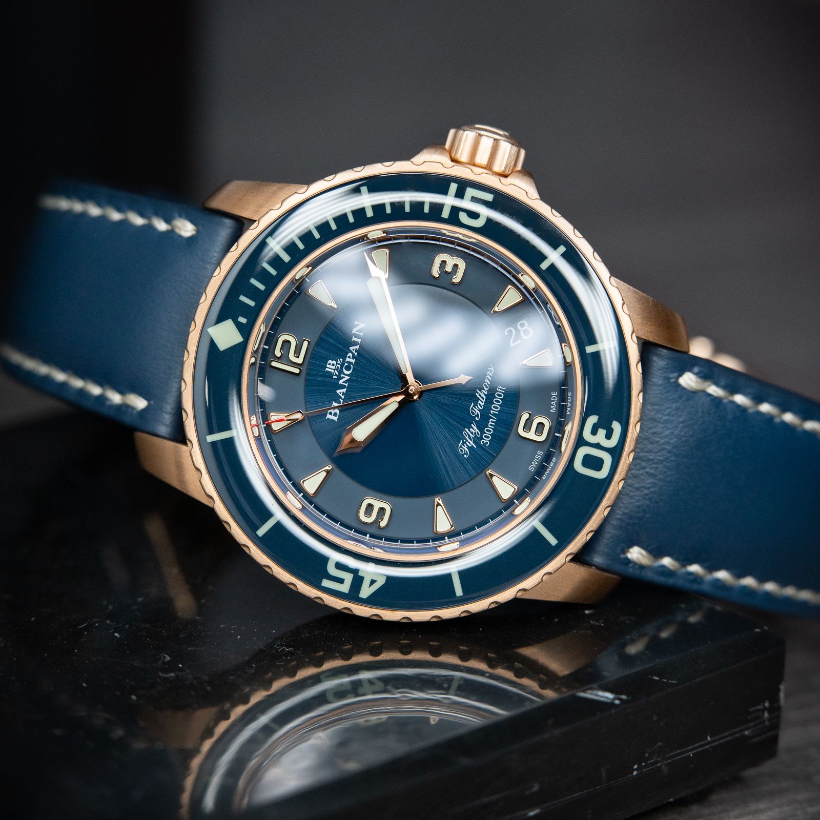 Blancpain Fifty Fathoms Rose Gold Ceramic Blue Sunburst Leather Automatic