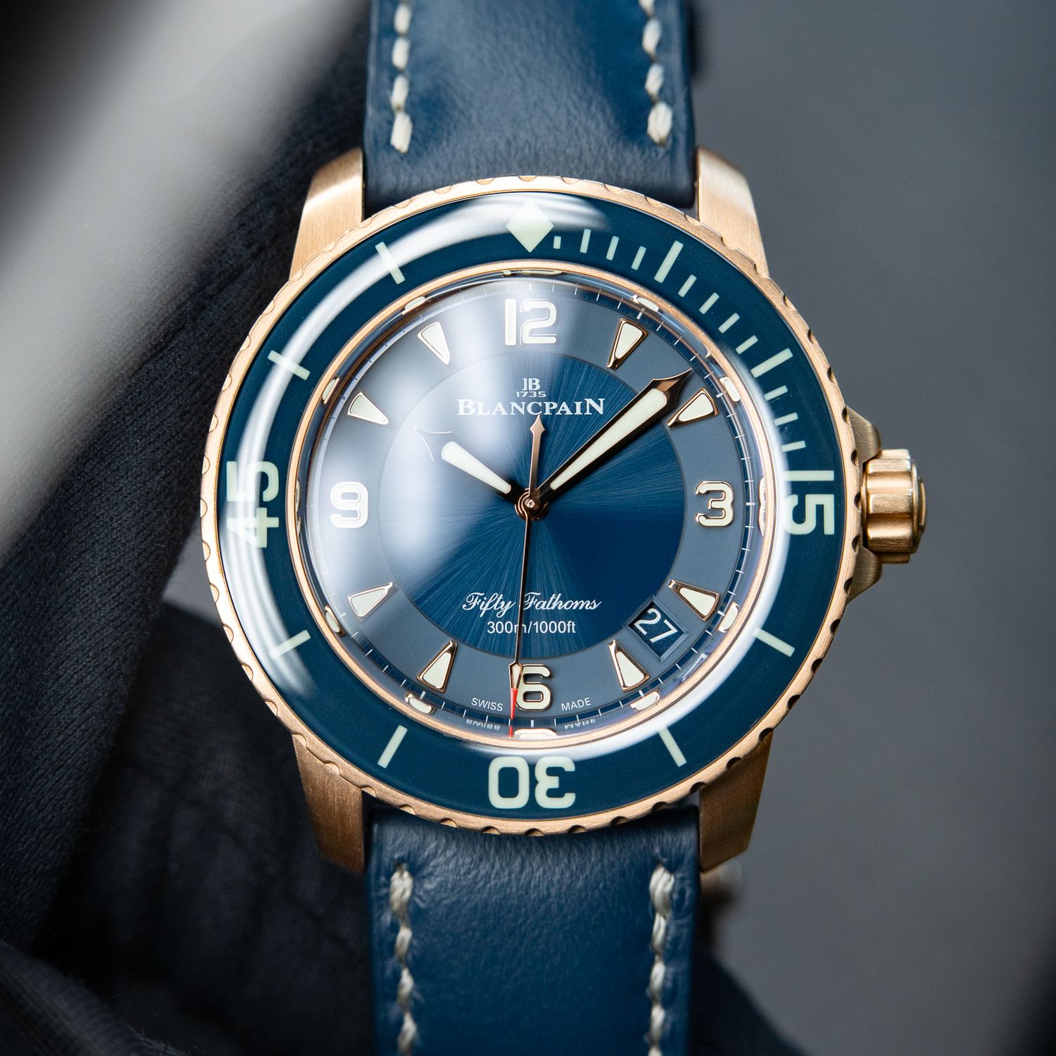 Blancpain Fifty Fathoms Rose Gold Ceramic Blue Sunburst Leather Automatic