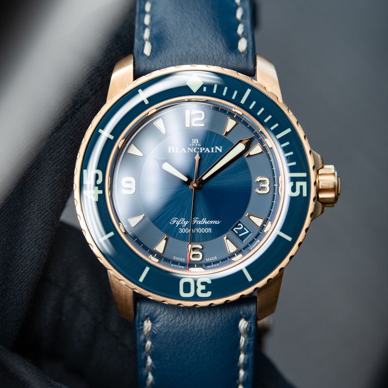 Blancpain Fifty Fathoms Rose Gold Ceramic Blue Sunburst Leather Automatic