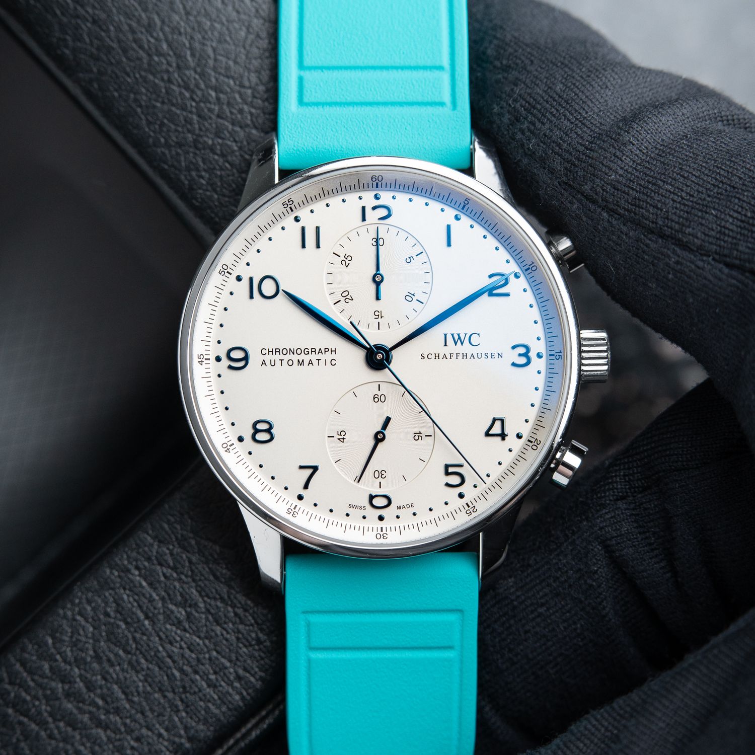 IWC Portugieser Chronograph Silver Dial Steel Blue Red Strap Automatic 41