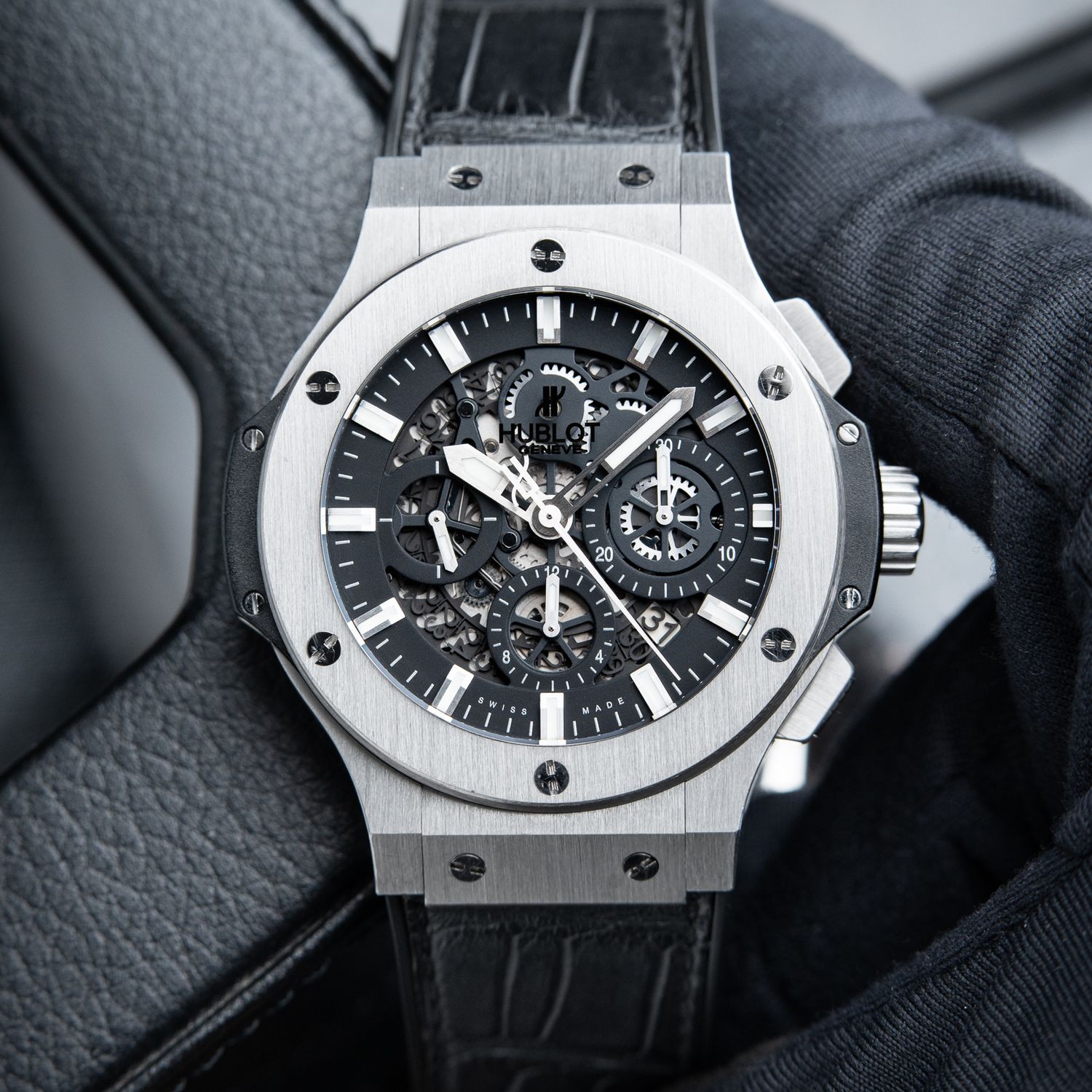 Hublot Big Bang Aero Bang Skeleton Chronograph Steel Leather Black Automatic 44