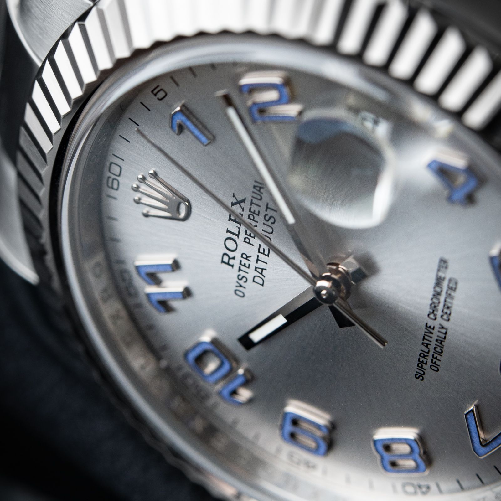 Rolex Datejust II 41mm Silver Purple Arabic Fluted White Gold Bezel Oyster