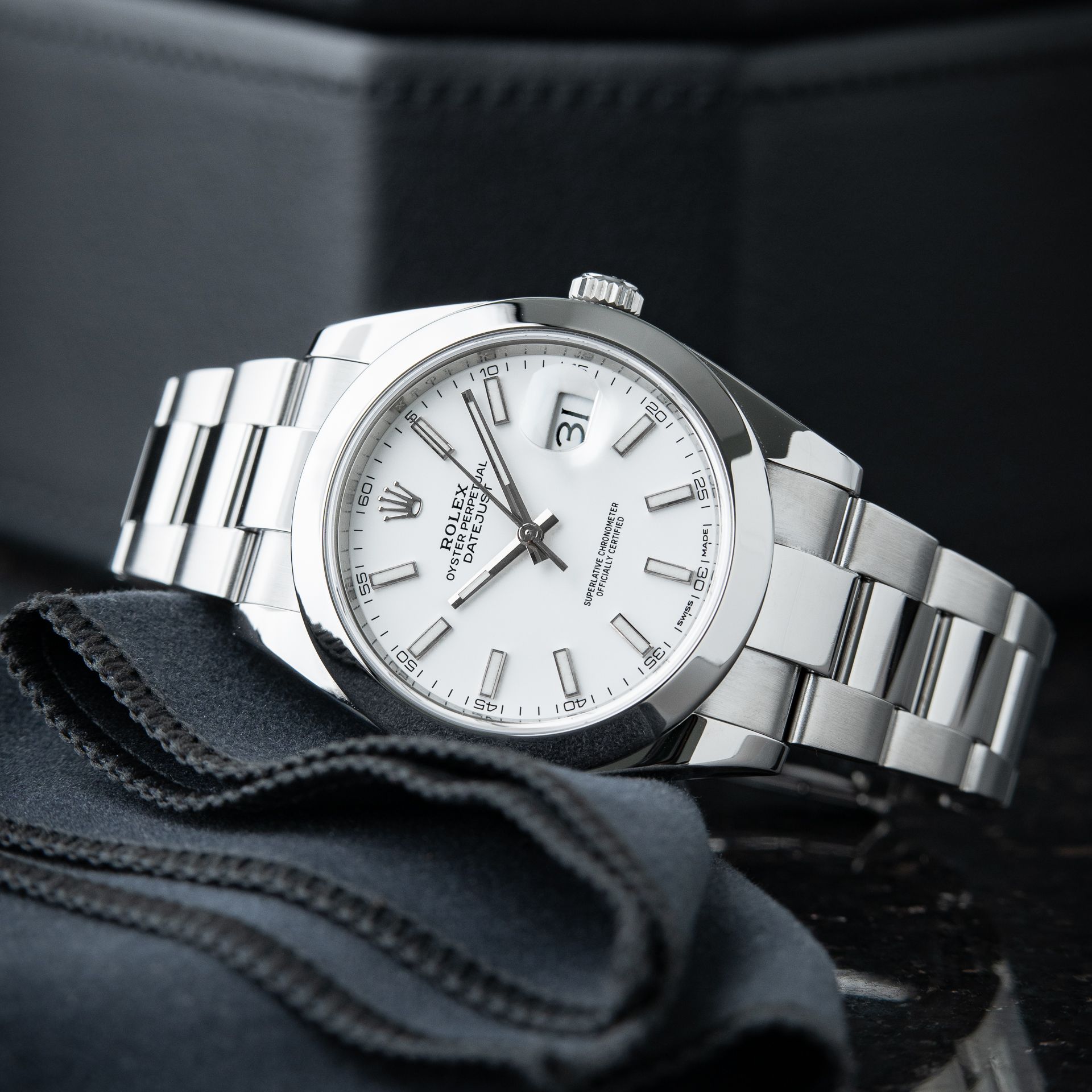 Rolex Datejust 41mm White Stick Dial Smooth Bezel Steel Oyster Bracelet