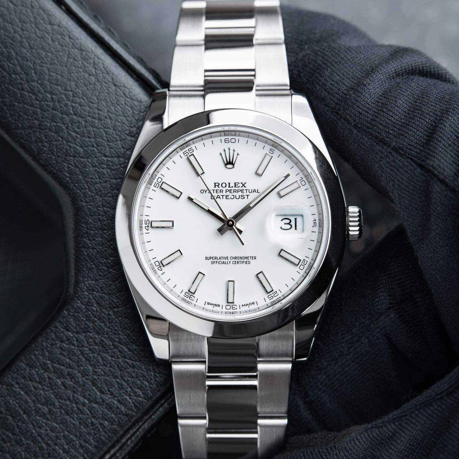 Rolex Datejust 41mm White Stick Dial Smooth Bezel Steel Oyster Bracelet