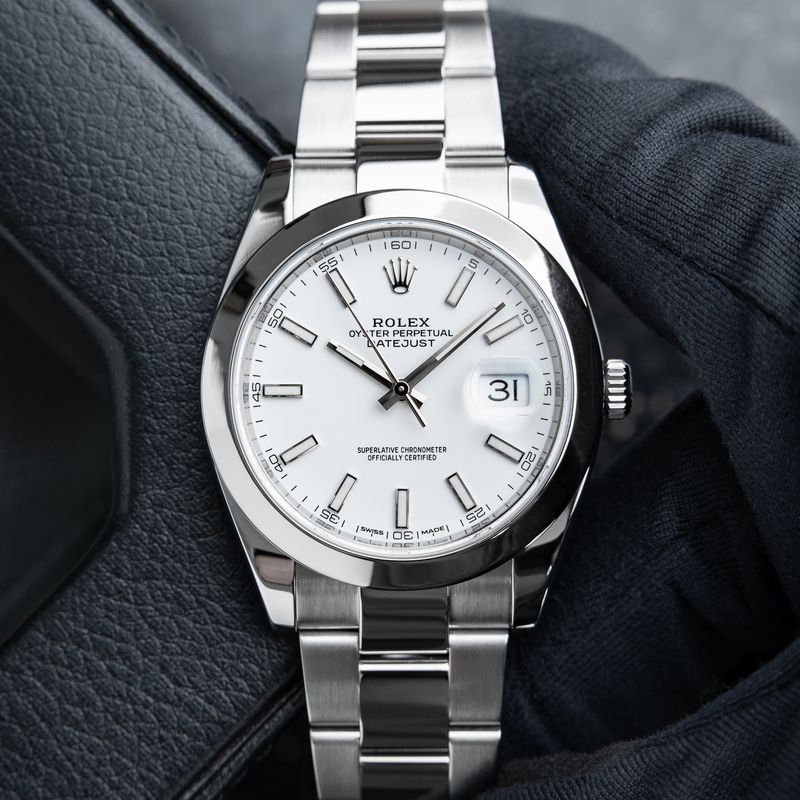Rolex Datejust 41mm White Stick Dial Smooth Bezel Steel Oyster Bracelet