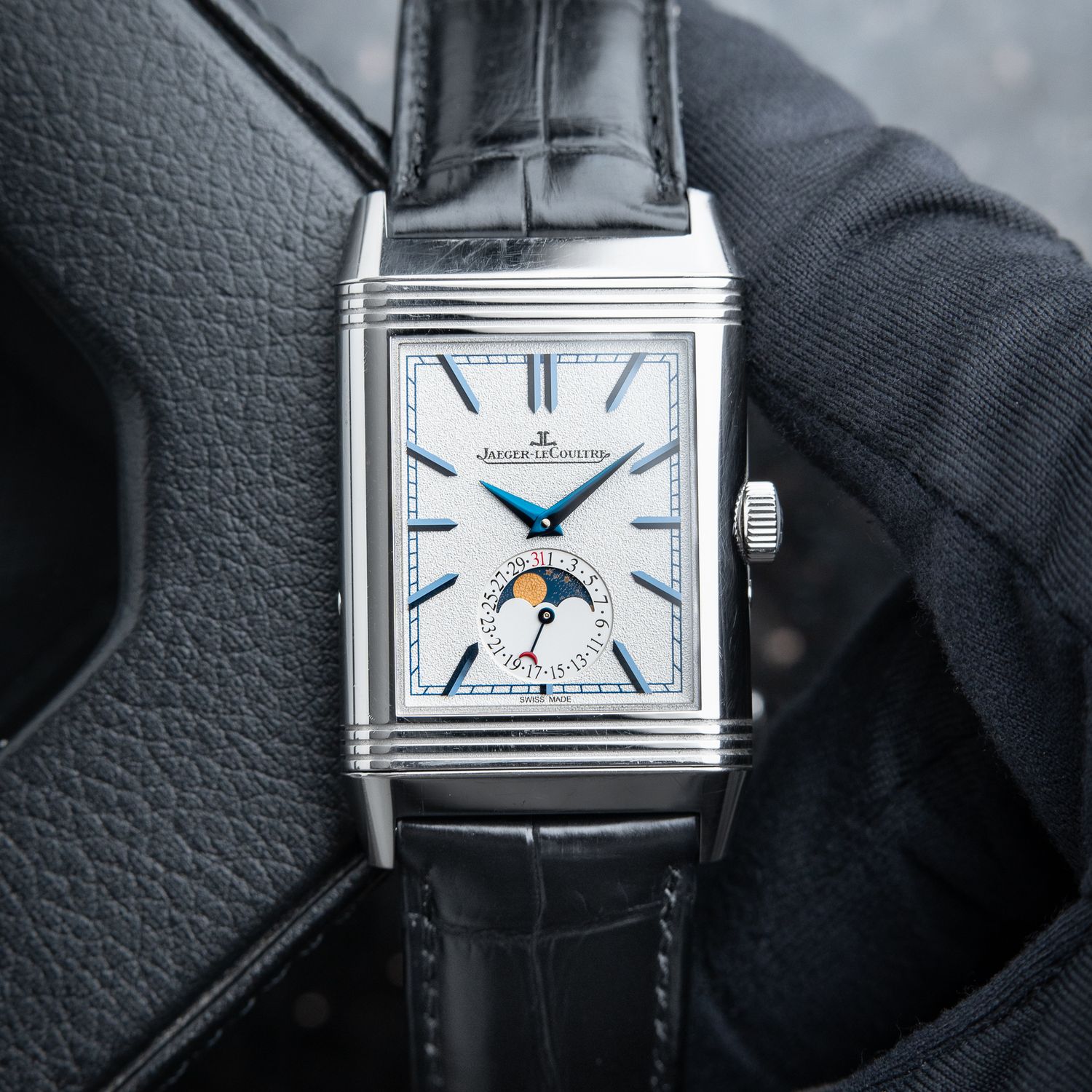 Jaeger-LeCoultre Reverso Tribute Duoface Moonphase Silver Blue Dial Steel