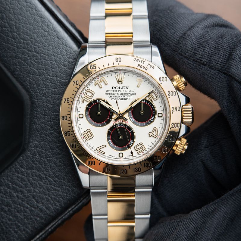 Rolex Daytona Cosmograph Two Tone Yellow Gold White Silver Panda Dial 40mm