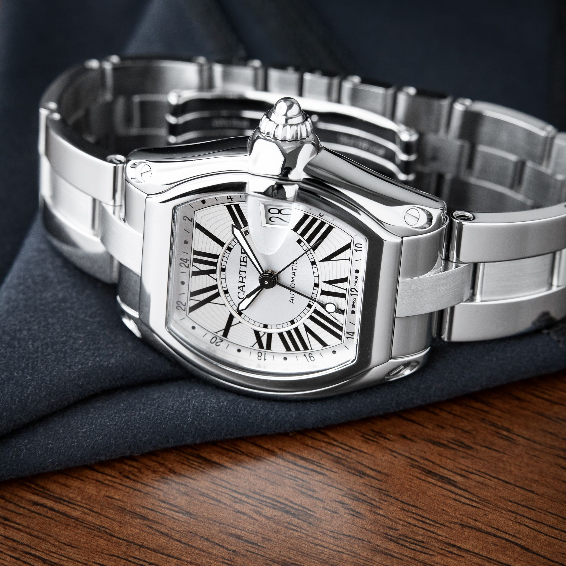 Cartier Roadster GMT XL Date Silver Dial Steel Bracelet Automatic 43