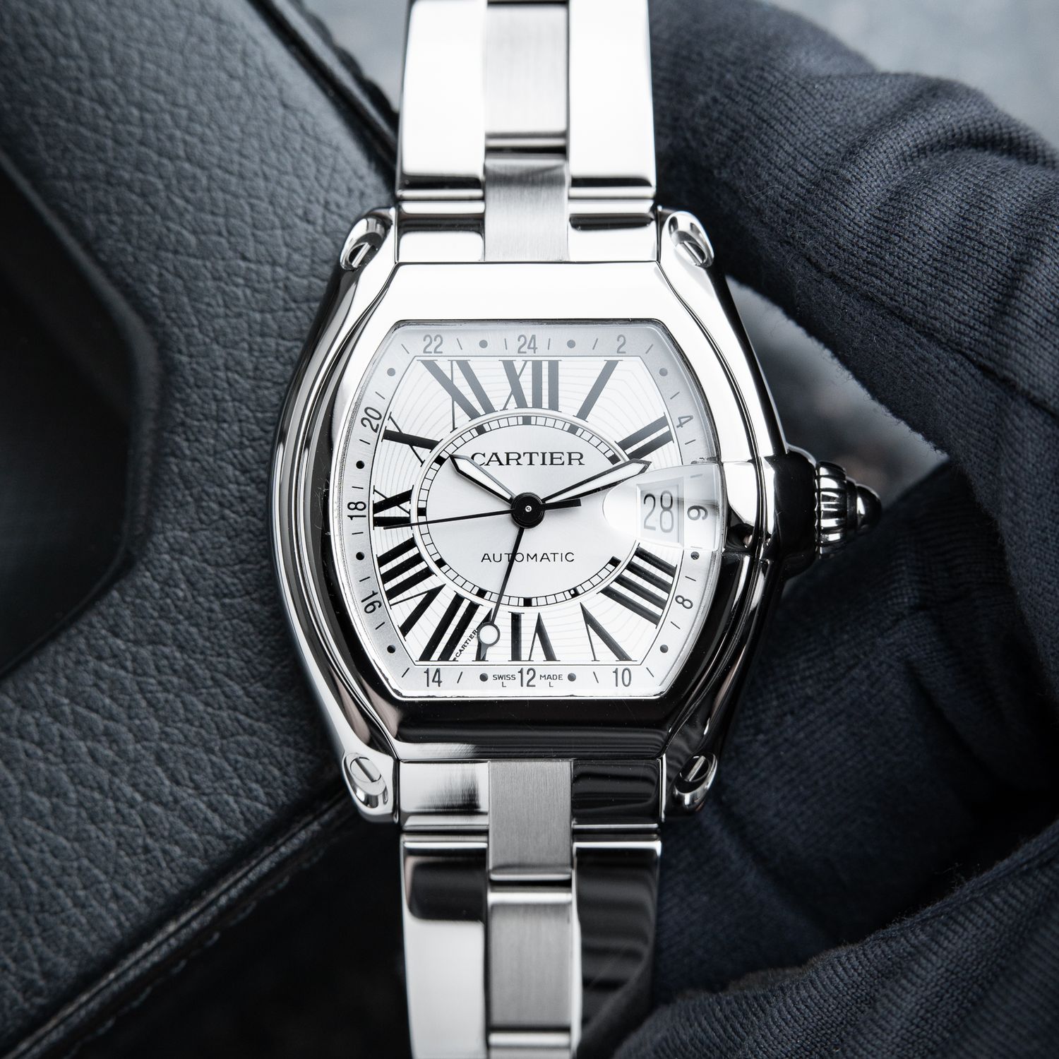 Cartier Roadster GMT XL Date Silver Dial Steel Bracelet Automatic 43
