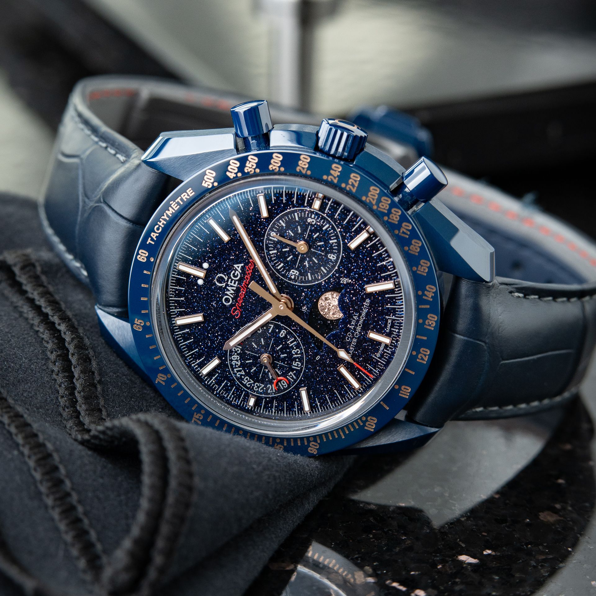 Omega Speedmaster Moonphase Blue Side Of The Moon Aventurine Chronograph Ceramic Set