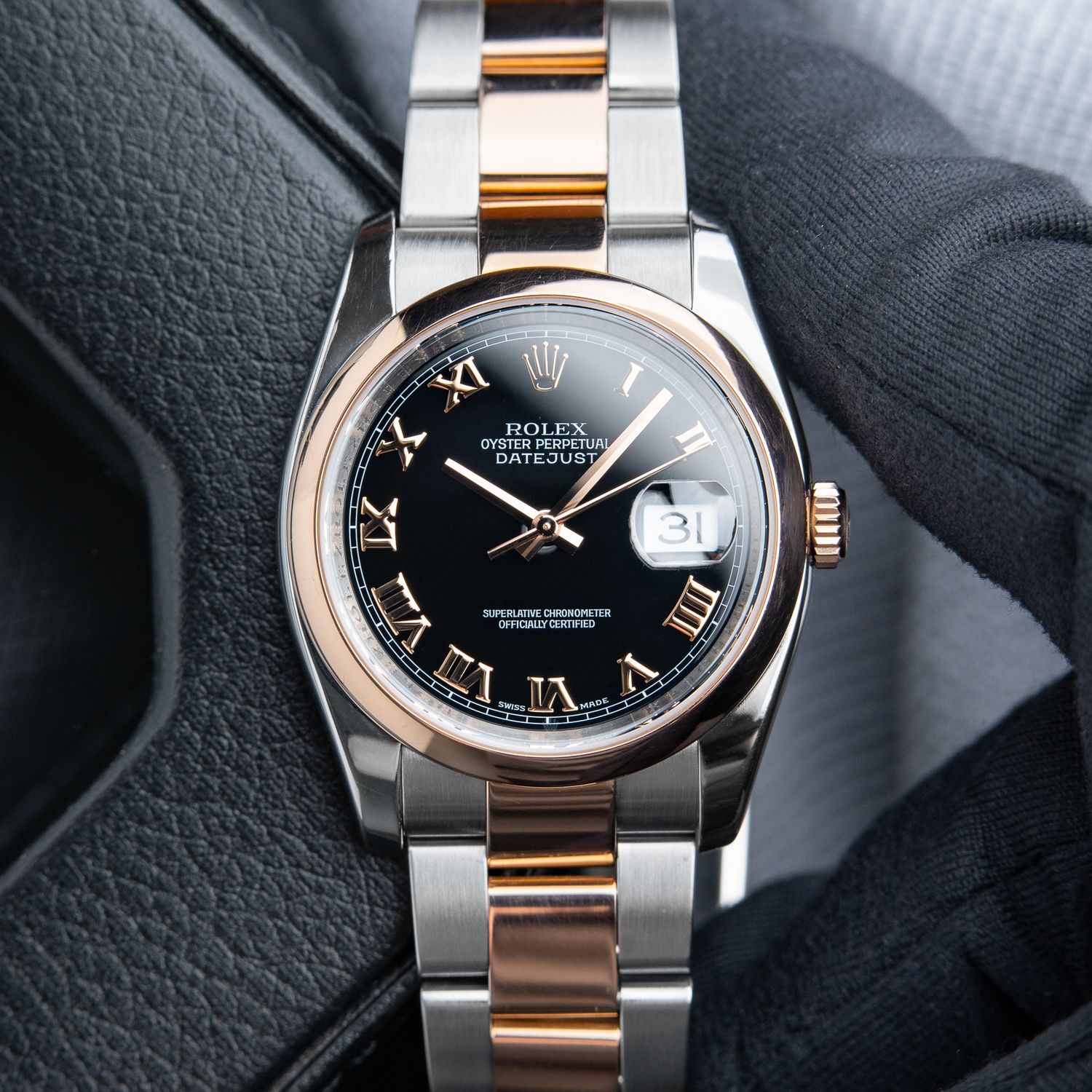 Rolex Datejust 36mm Two Tone Black Roman Dial Rose Gold Oyster Bracelet
