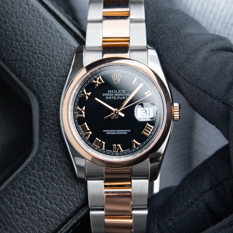 Rolex Datejust 36mm Two Tone Black Roman Dial Rose Gold Oyster Bracelet