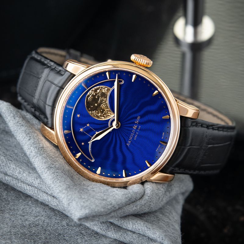 Arnold & Son HM Perpetual Moon Phase 90 Hour Blue Guilloche Dial Rose Gold
