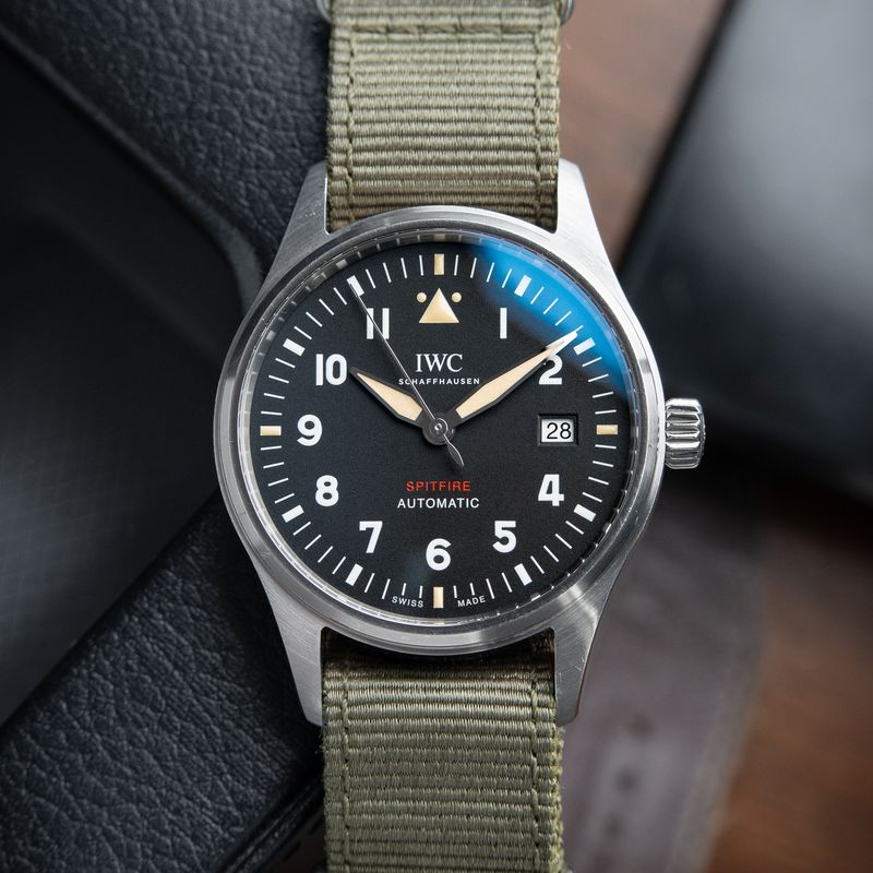 IWC Pilot's Watch Spitfire Date Steel Black Dial Green NATO Automatic 39mm