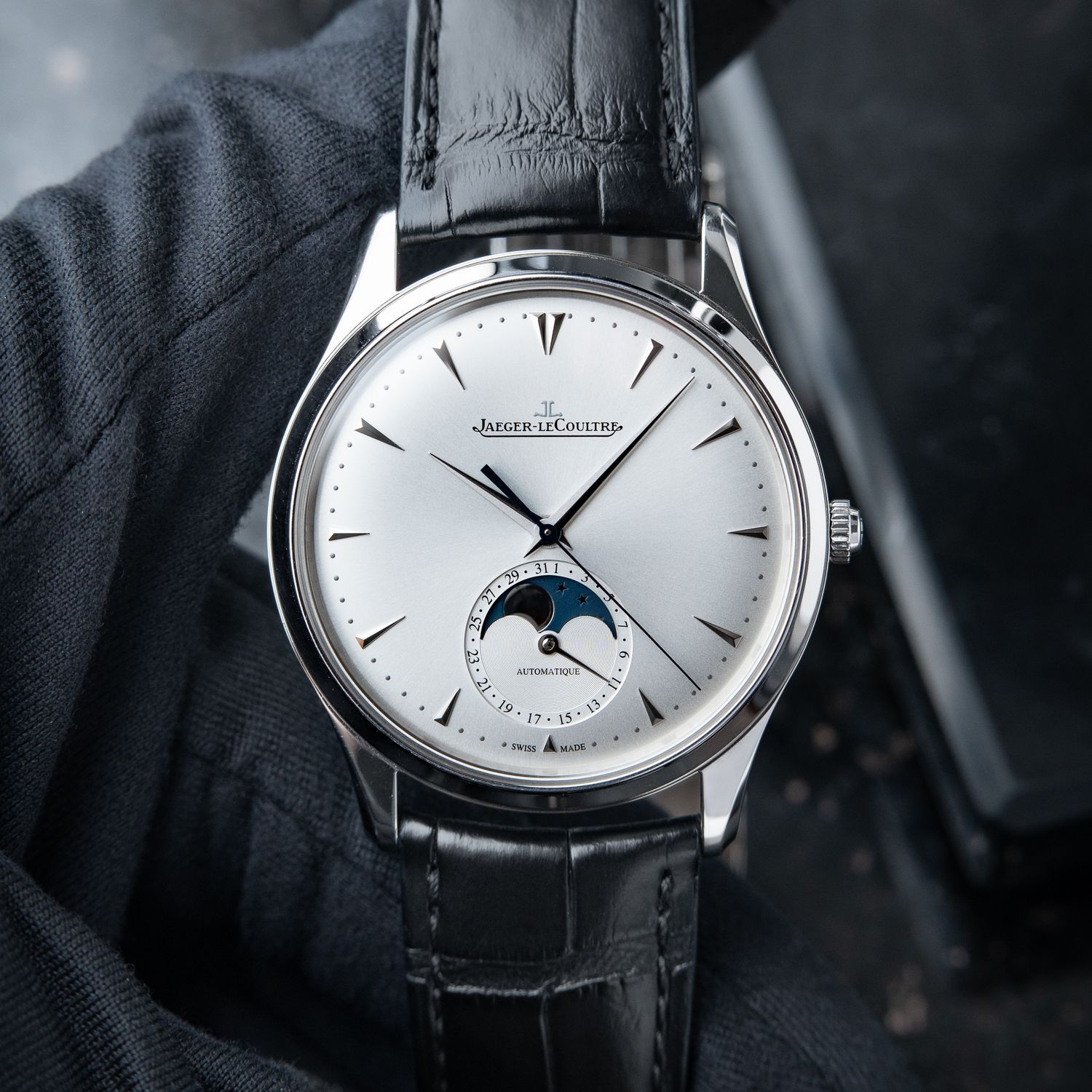 Jaeger-LeCoultre Master Ultra Thin Moon Phase Silver Dial Steel Leather 39