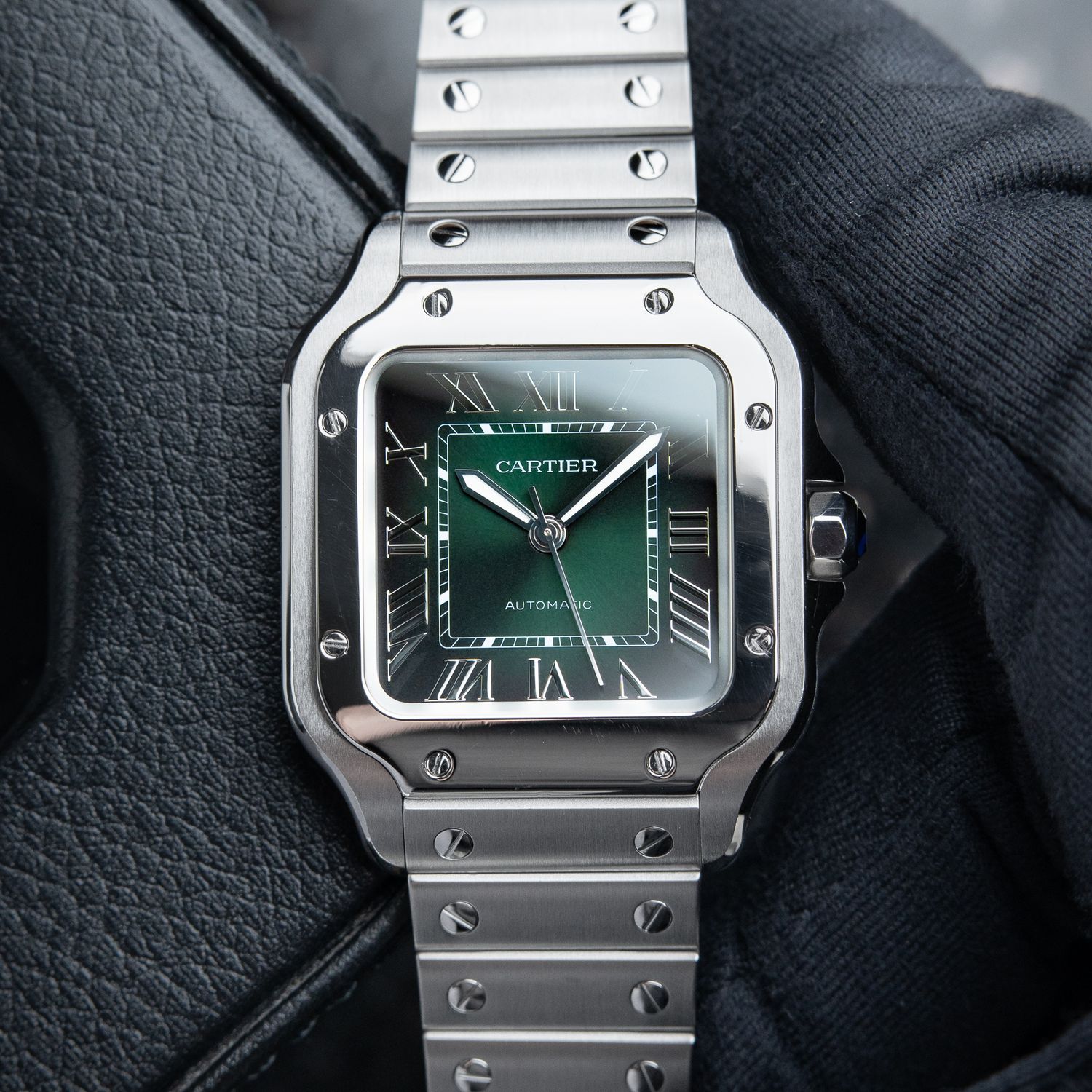 Cartier Santos De Cartier Medium Green Leather Steel Bracelet Automatic 35.1