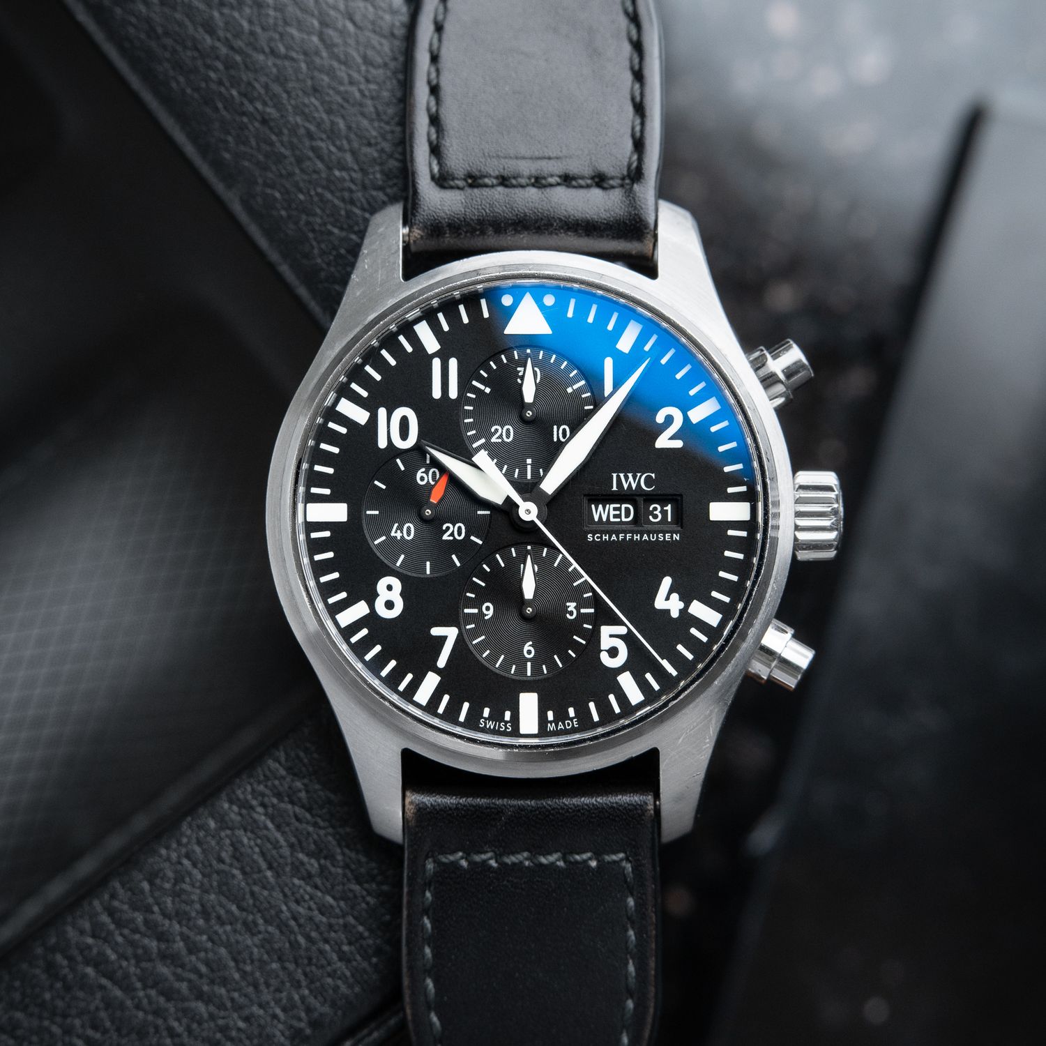 IWC Pilot's Watch Chronograph Day Date Black Dial Leather Steel 43mm