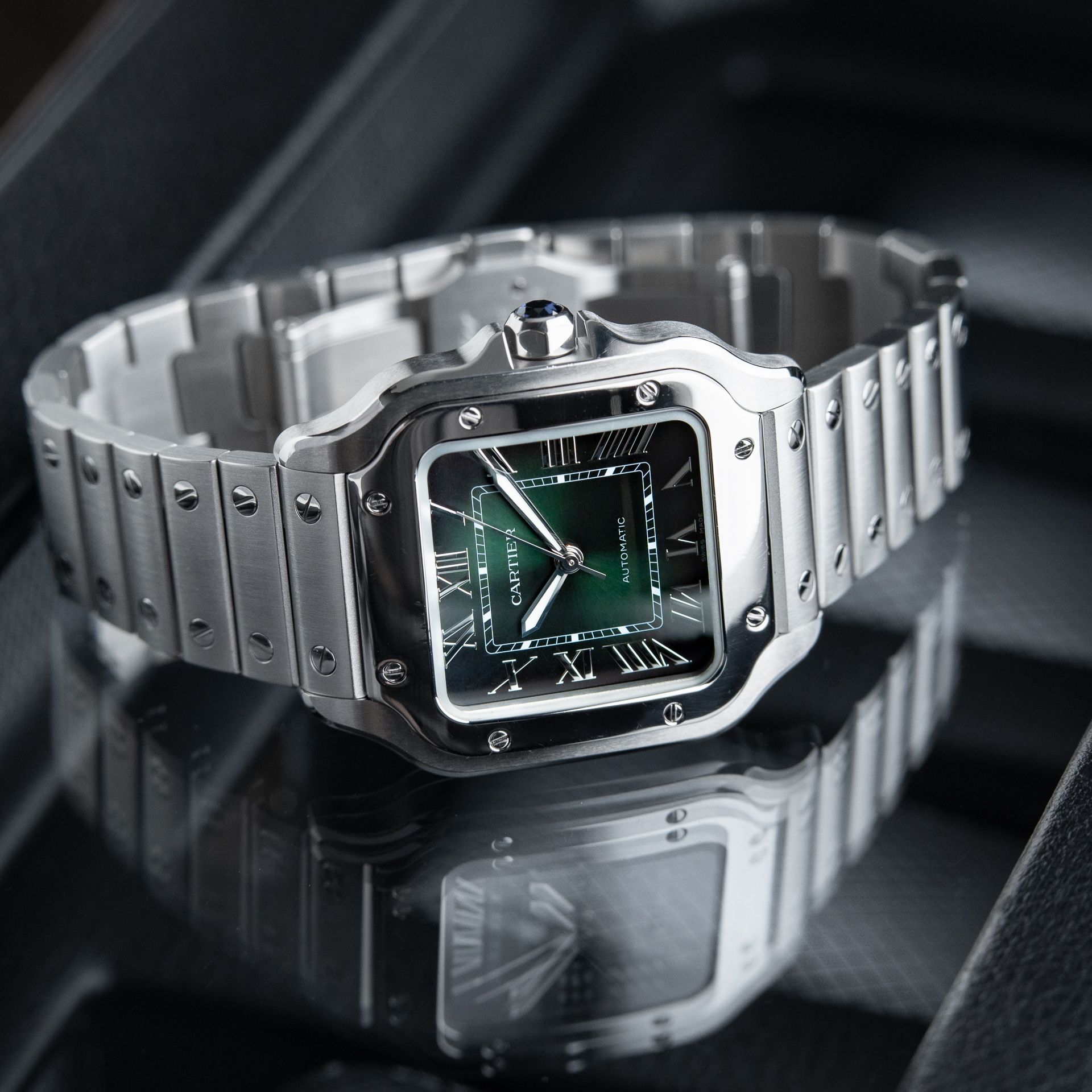 Cartier Santos De Cartier Medium Green Leather Steel Bracelet Automatic 35.1