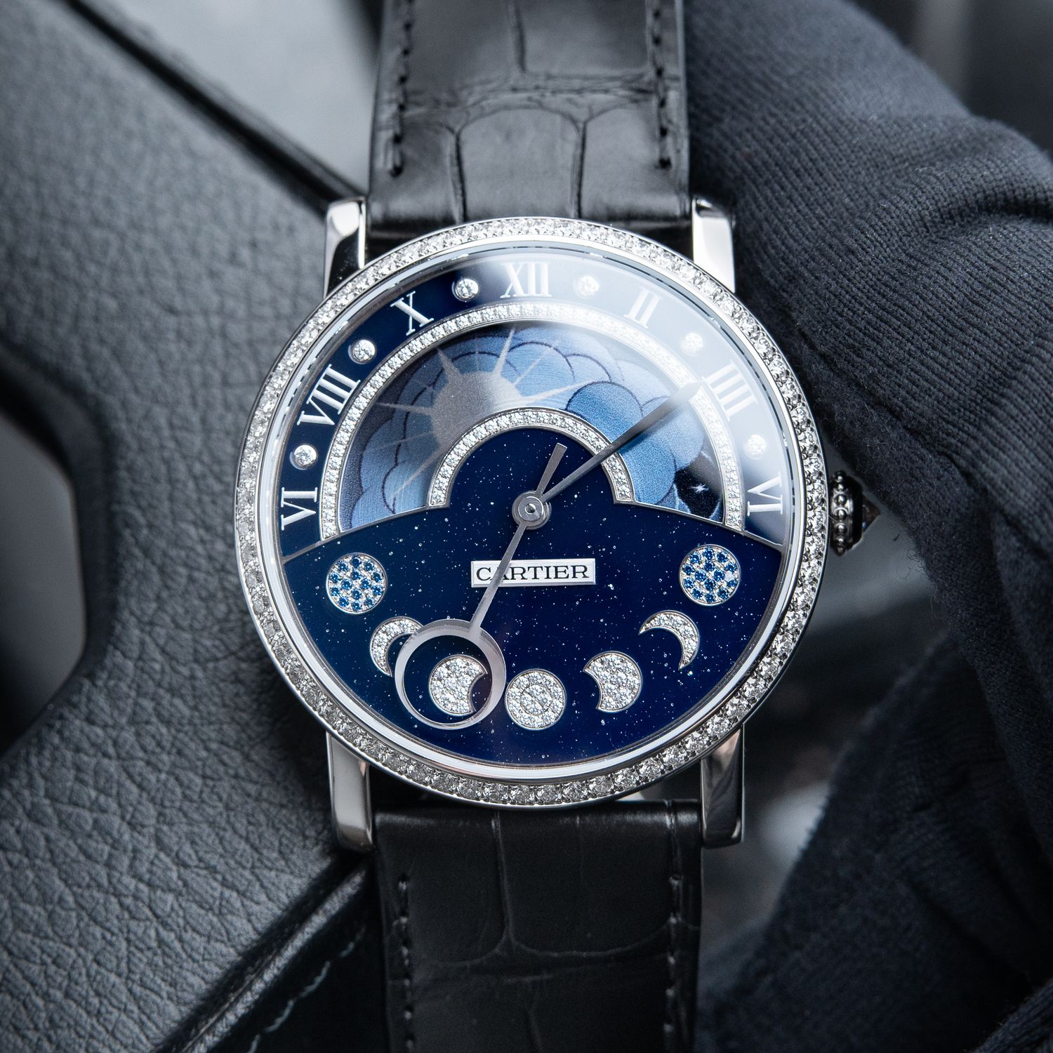 Cartier Rotonde de Cartier Diamond Accents White Gold Moonphase Blue Dial