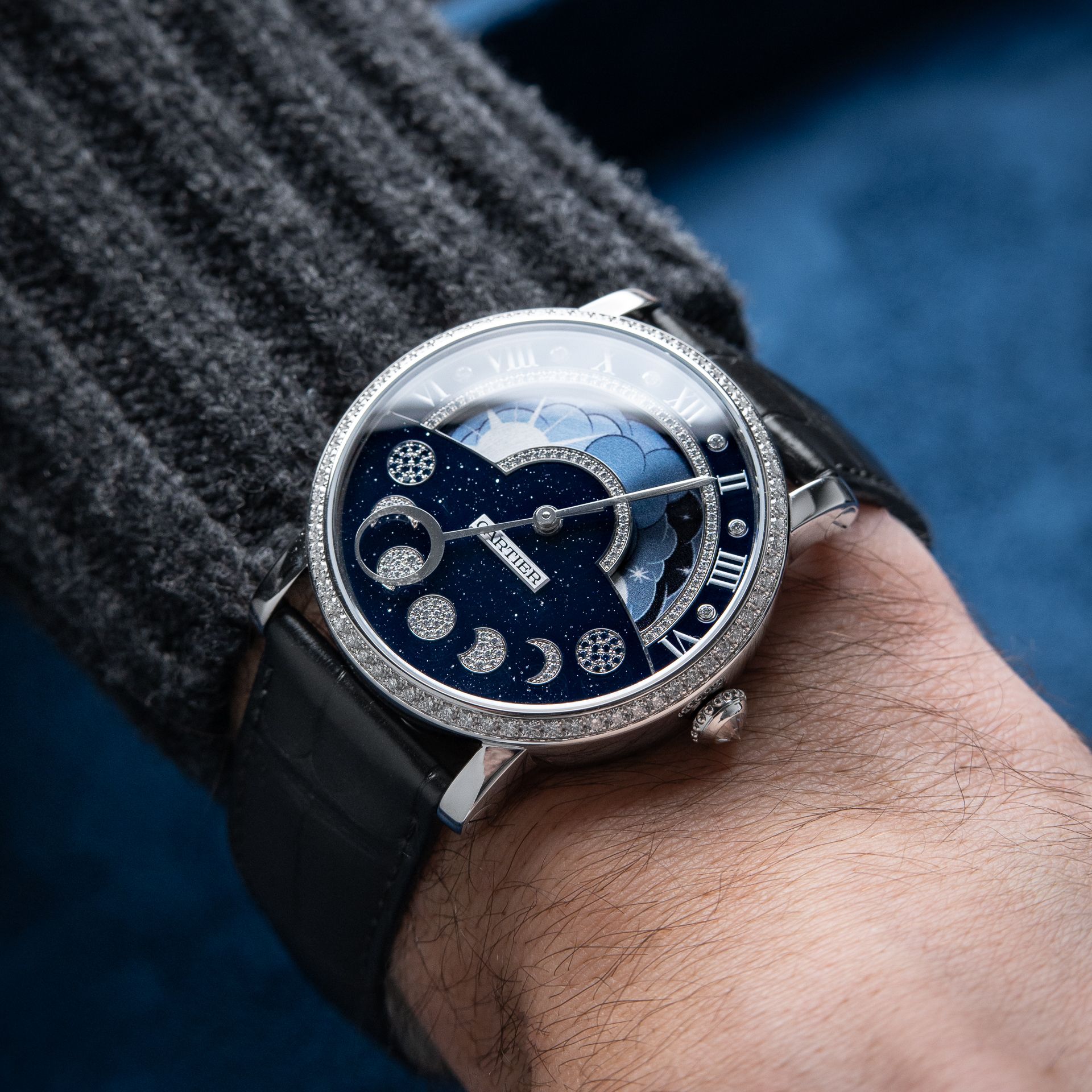 Cartier Rotonde de Cartier Diamond Accents White Gold Moonphase Blue Dial