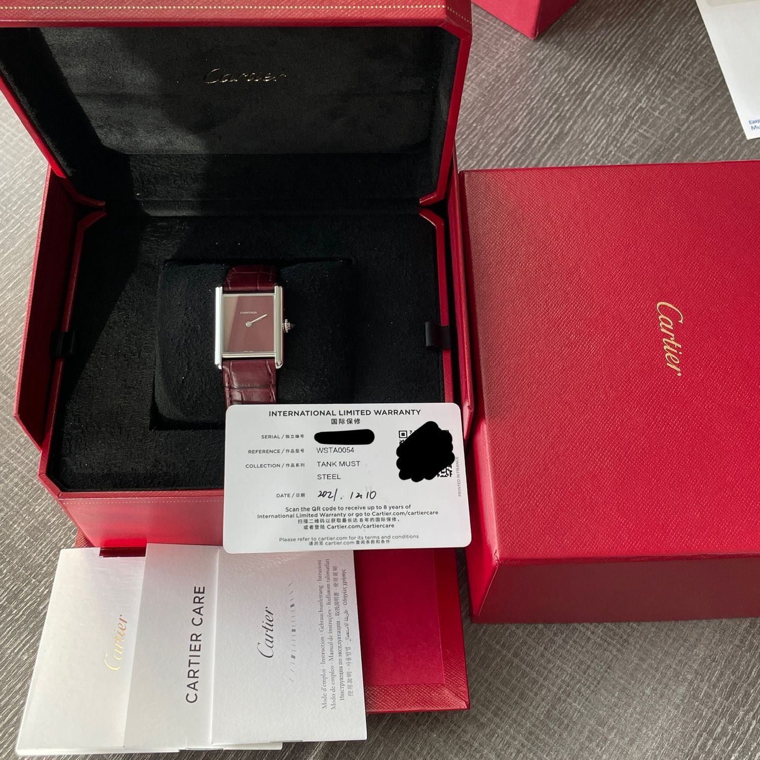 Cartier Tank Must Large Model Burgundy Red Dial Steel Leather