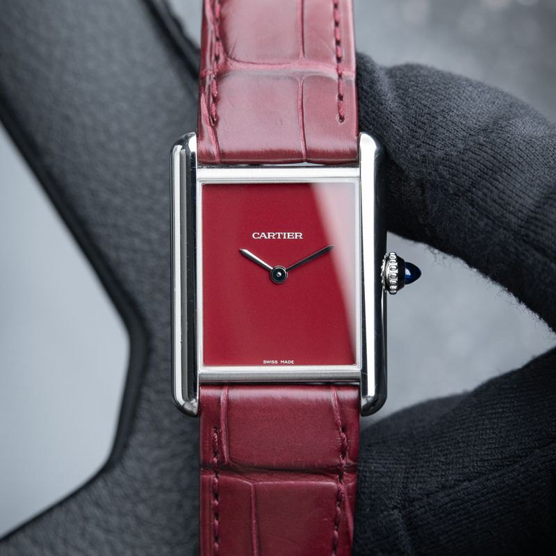 Cartier Tank Must Large Model Burgundy Red Dial Steel Leather Quartz 26x34