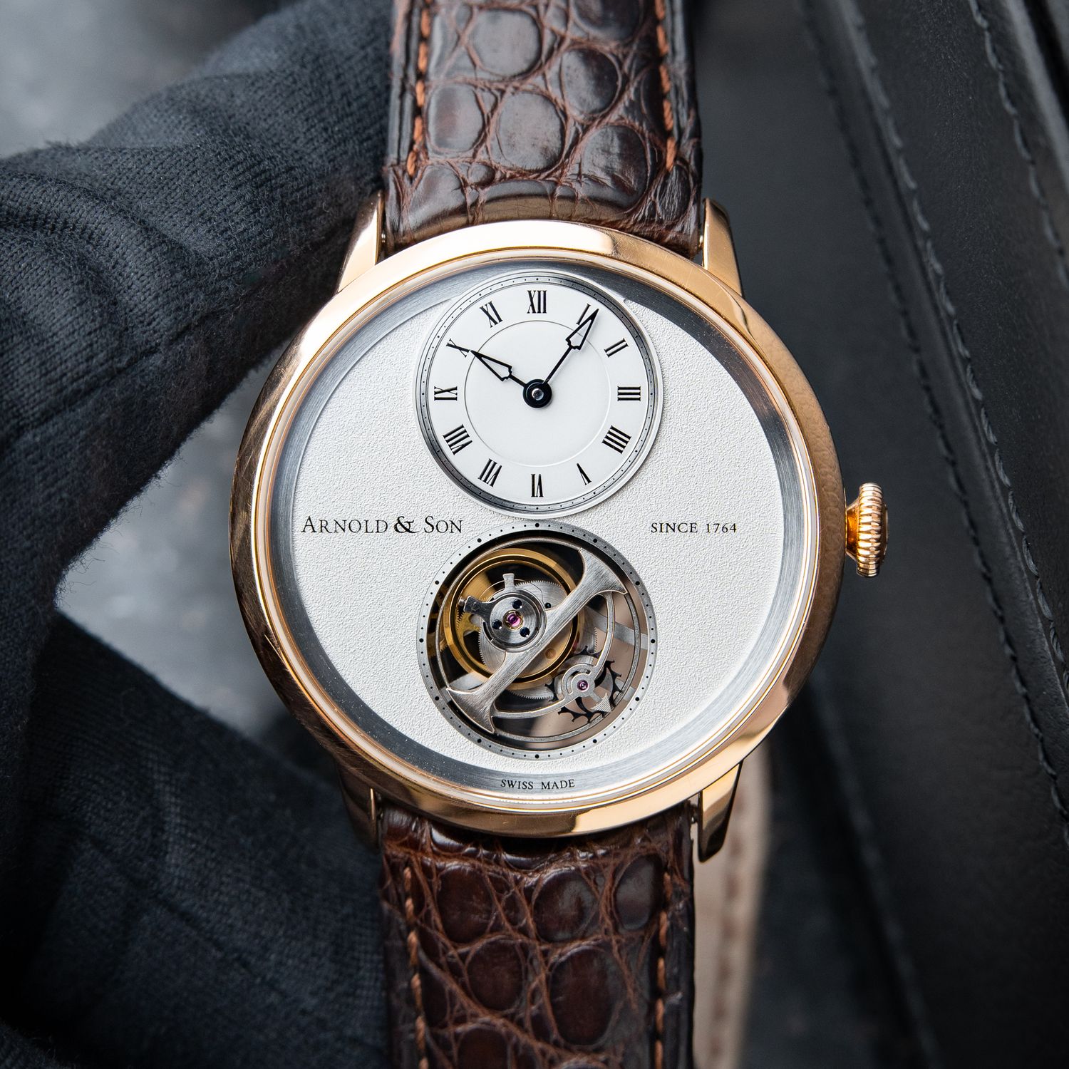 Arnold & Son UTTE Ultra Thin Tourbillon Rose Gold Silver White Leather 42