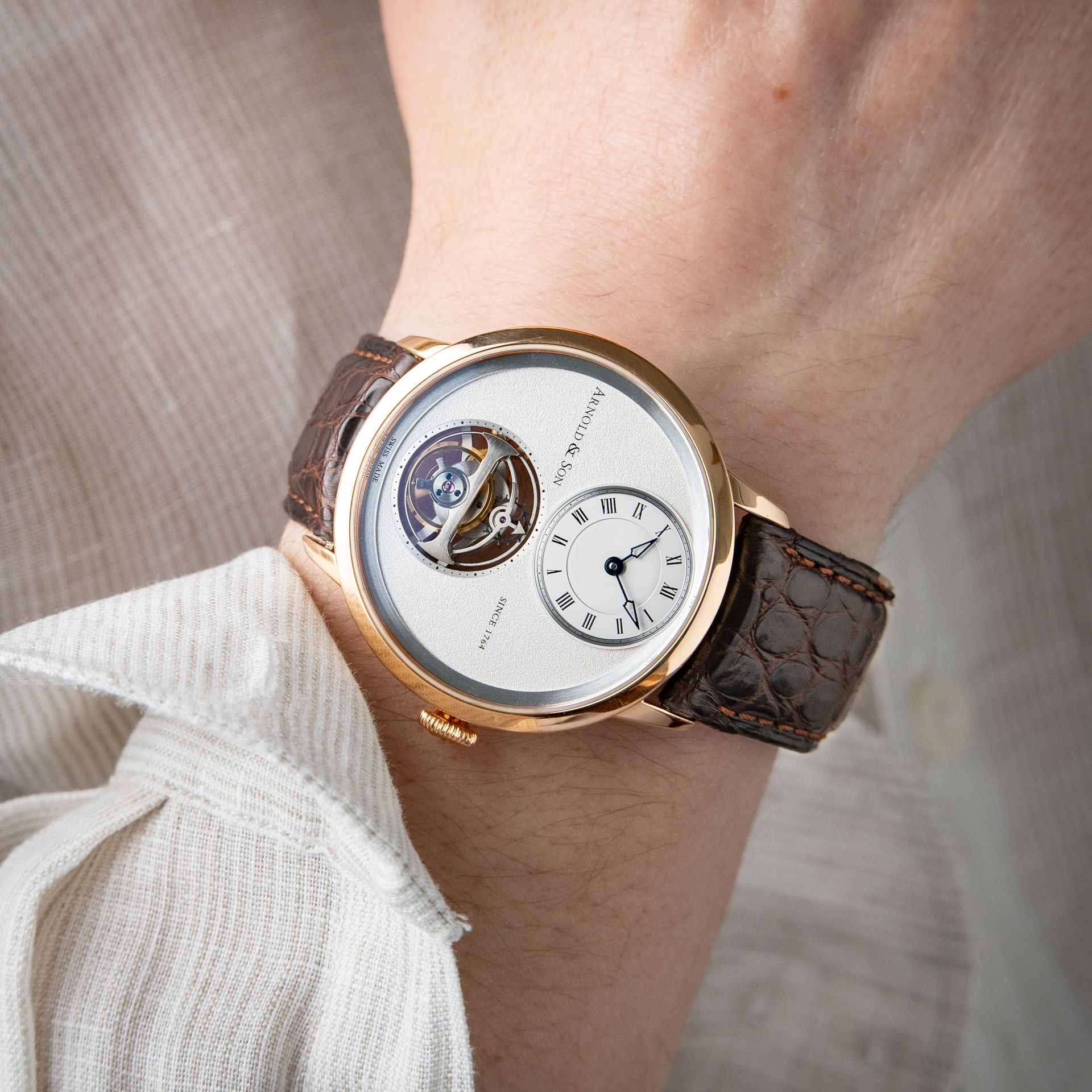 Arnold & Son UTTE Ultra Thin Tourbillon Rose Gold Silver White Leather 42