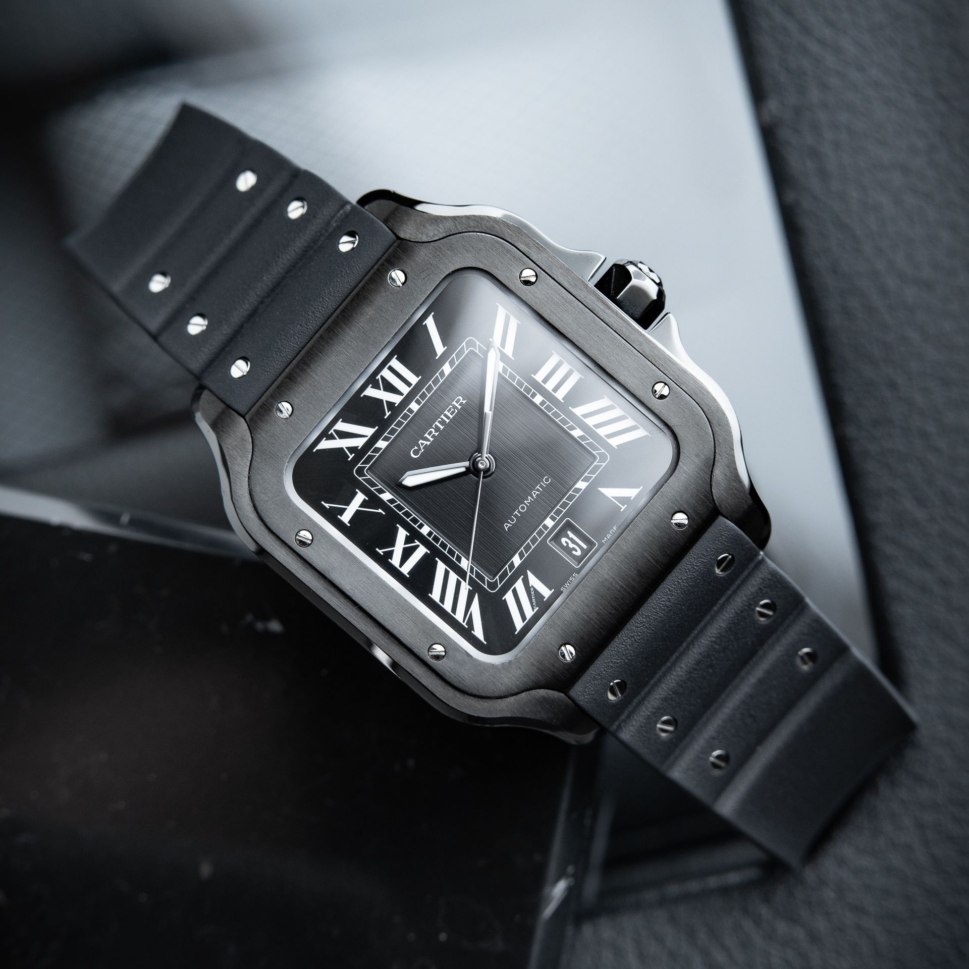 Cartier Santos De Cartier Large Model ADLC Steel Black Dial Automatic 39.8