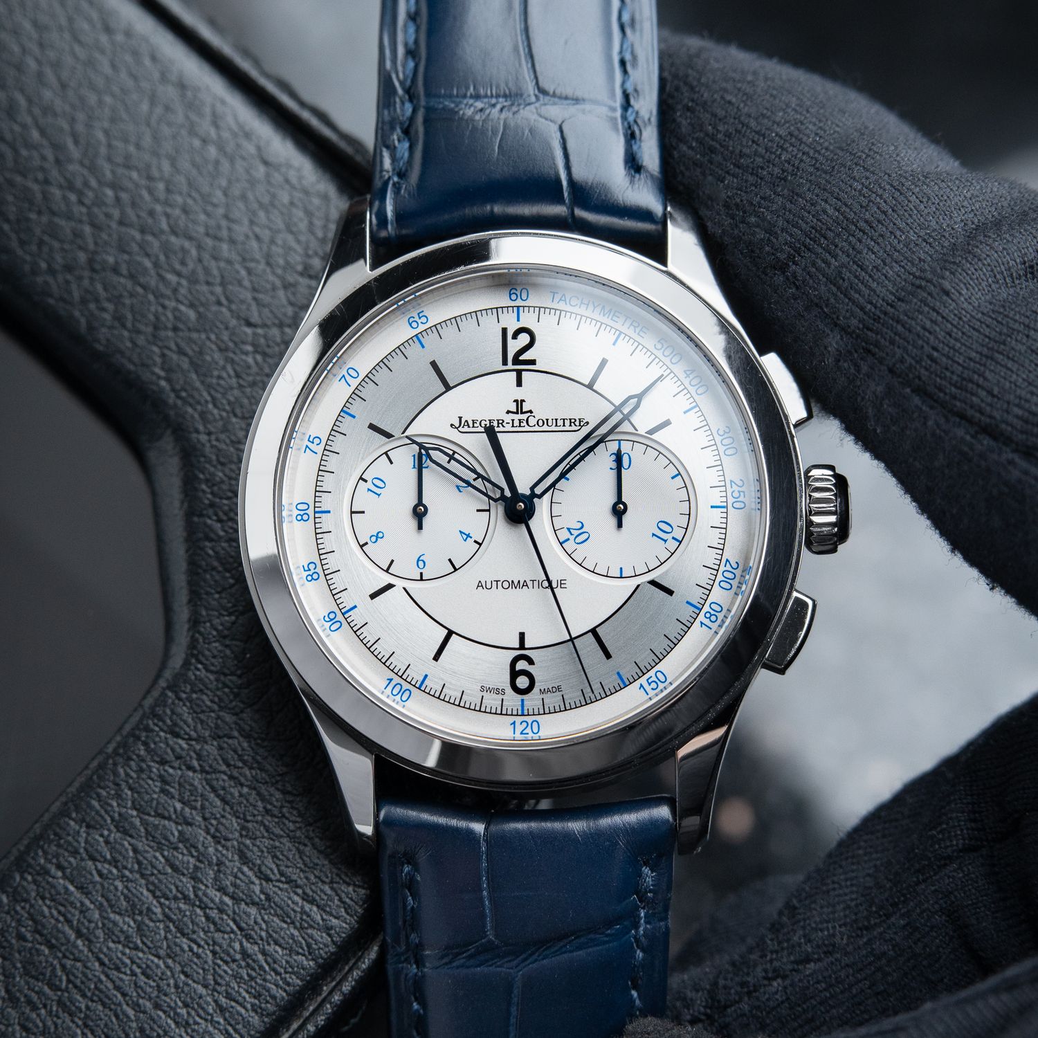 Jaeger-LeCoultre Master Control Chronograph Silver Sector Dial Steel Blue