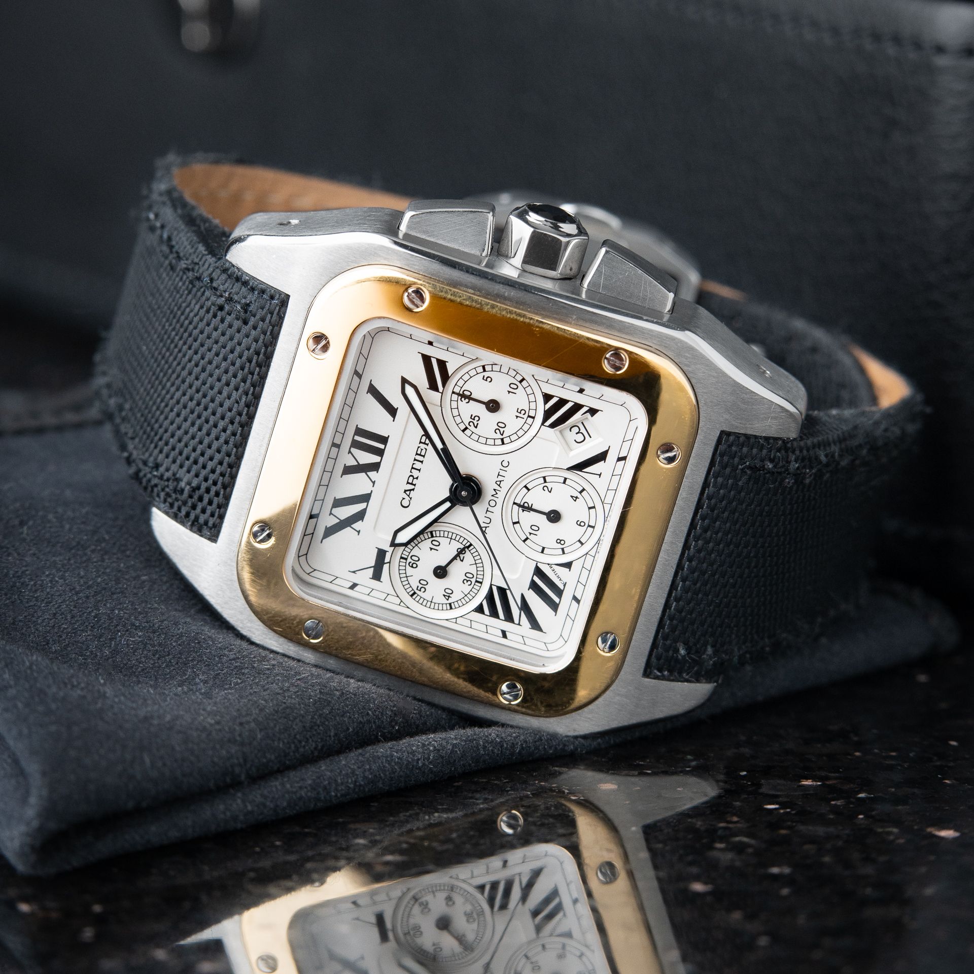 Cartier Santos 100 XL Chronograph Two Tone Yellow Gold Steel Date White 41